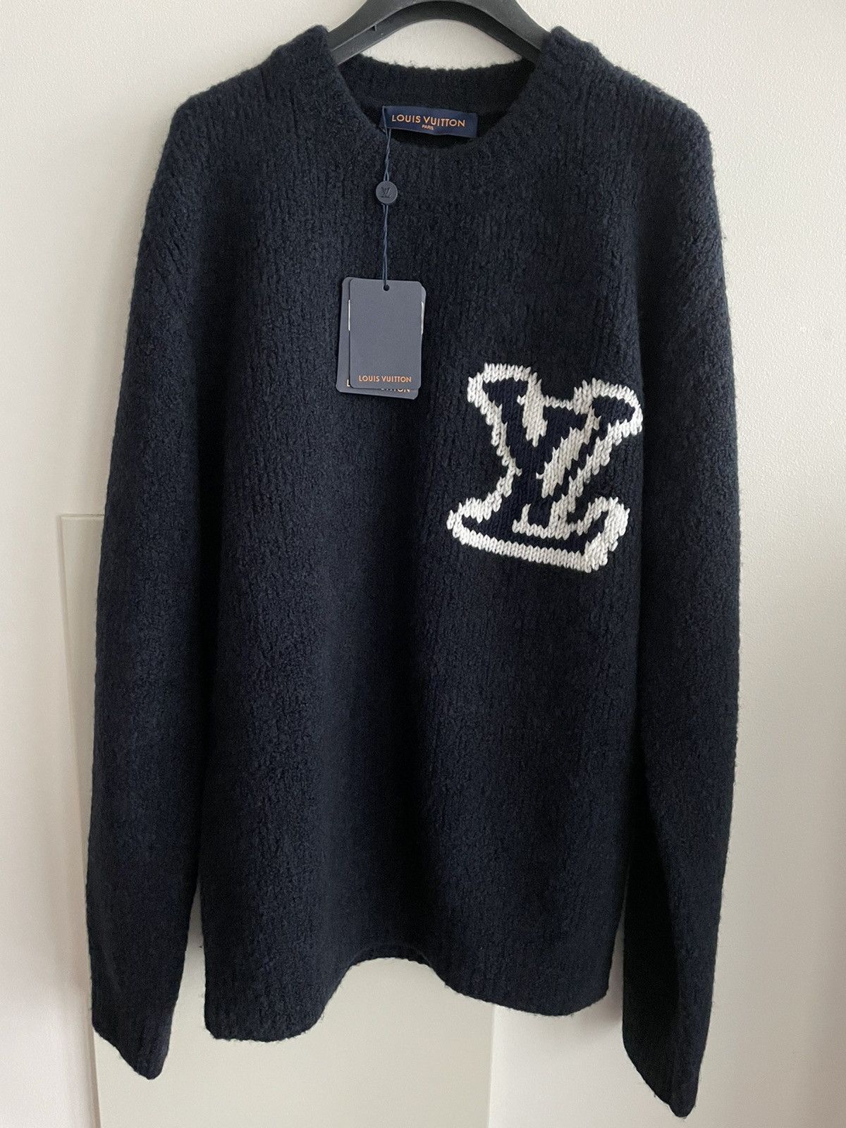 Image of Louis Vuitton Super Runway Limited Edition Intarsia Sweater in Navy, Men's (Size XL)