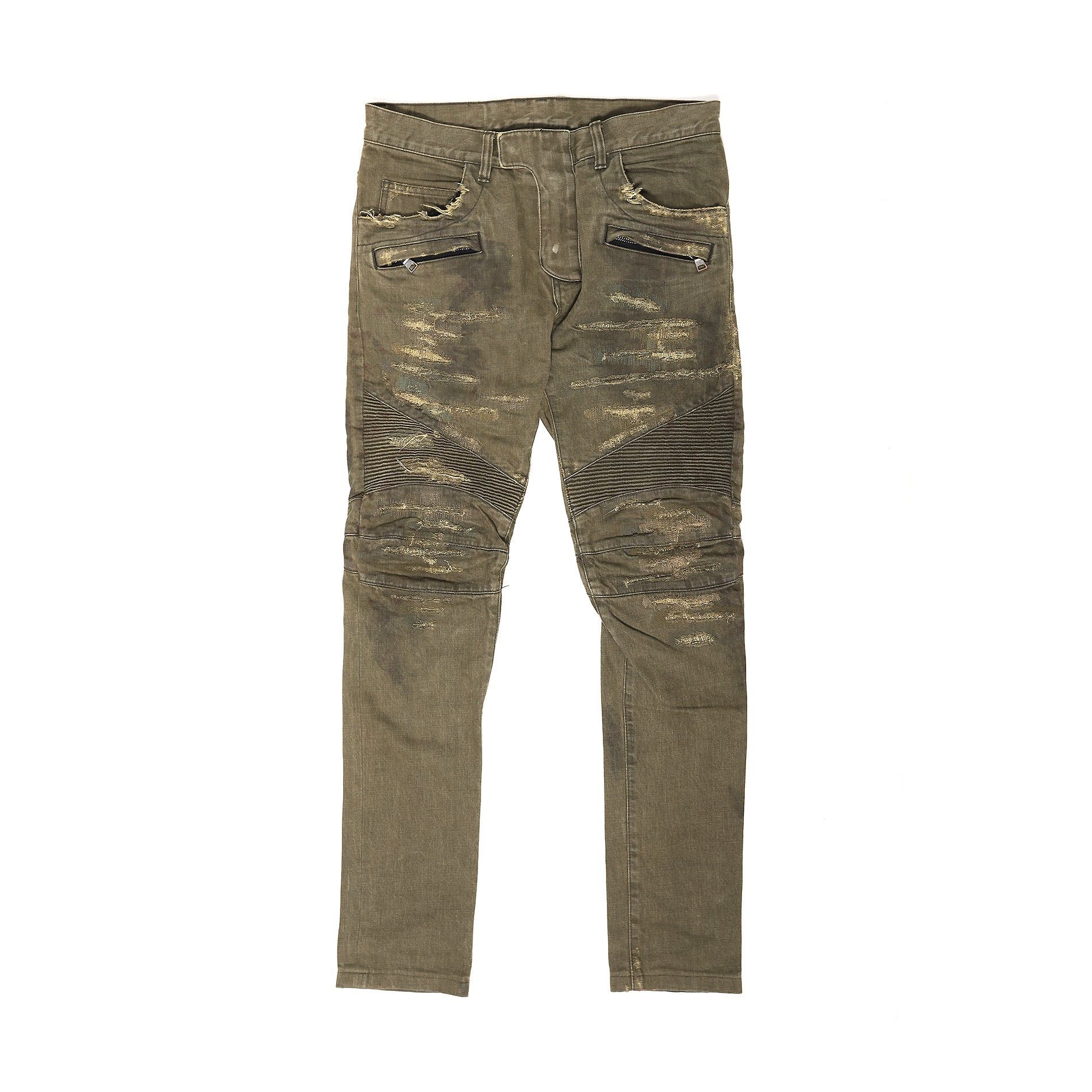 image of Balmain Distressed Olive Biker Jeans, Men's (Size 30)