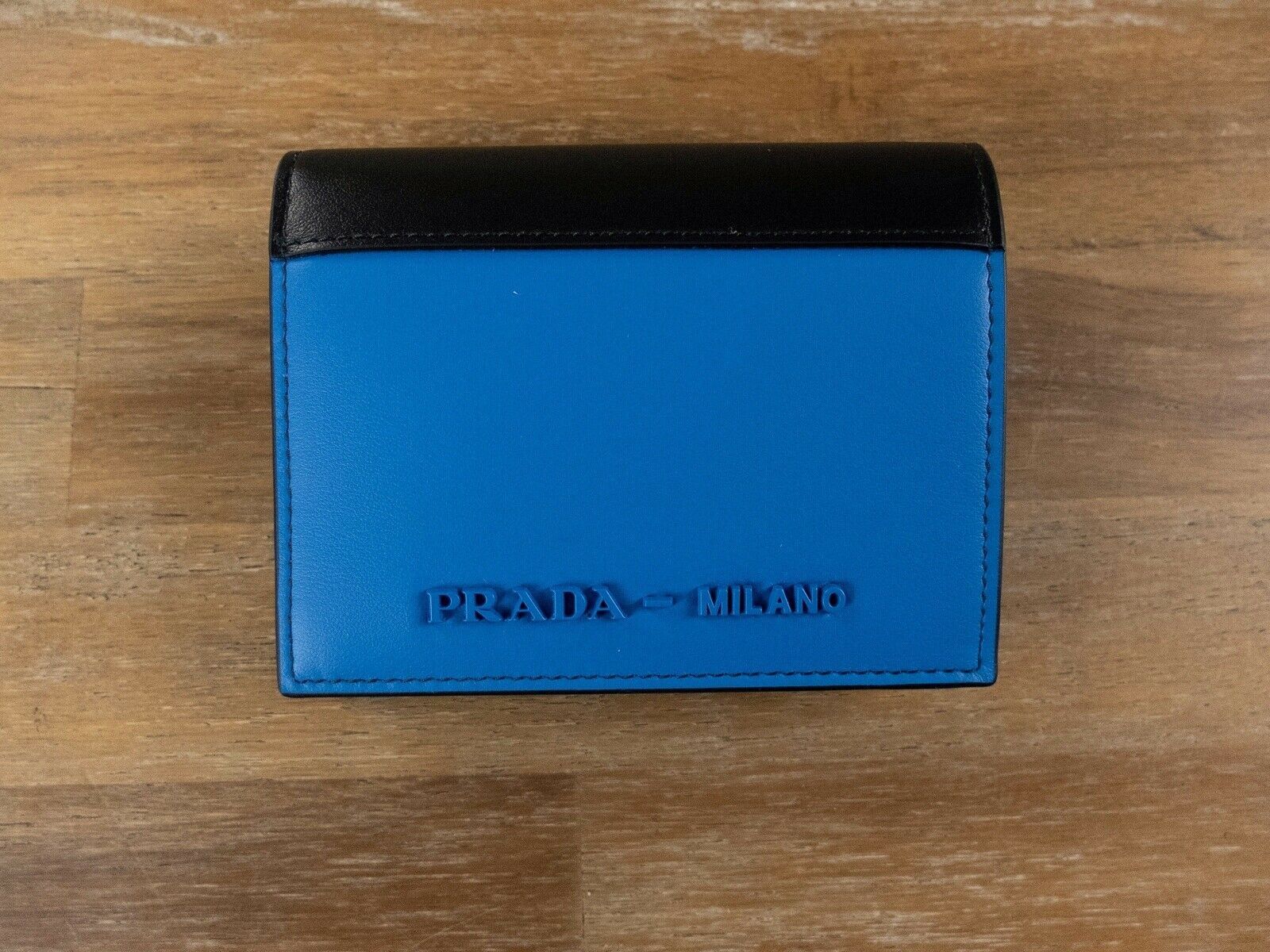 image of Prada Blue Black City Calf Compact Bifold Leather Wallet, Women's