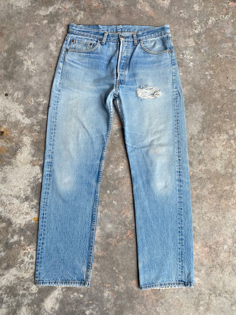 image of Distressed Denim x Levis Vintage Distress Light Wash 90's Levi's 501 Jeans in Blue Faded Distressed