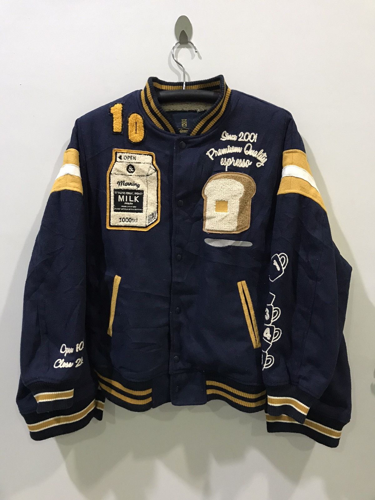 image of Rivet & Surge Japan Oversize Teddy Design Varsity Jacket in Navy Yellow White, Men's (Size Large)