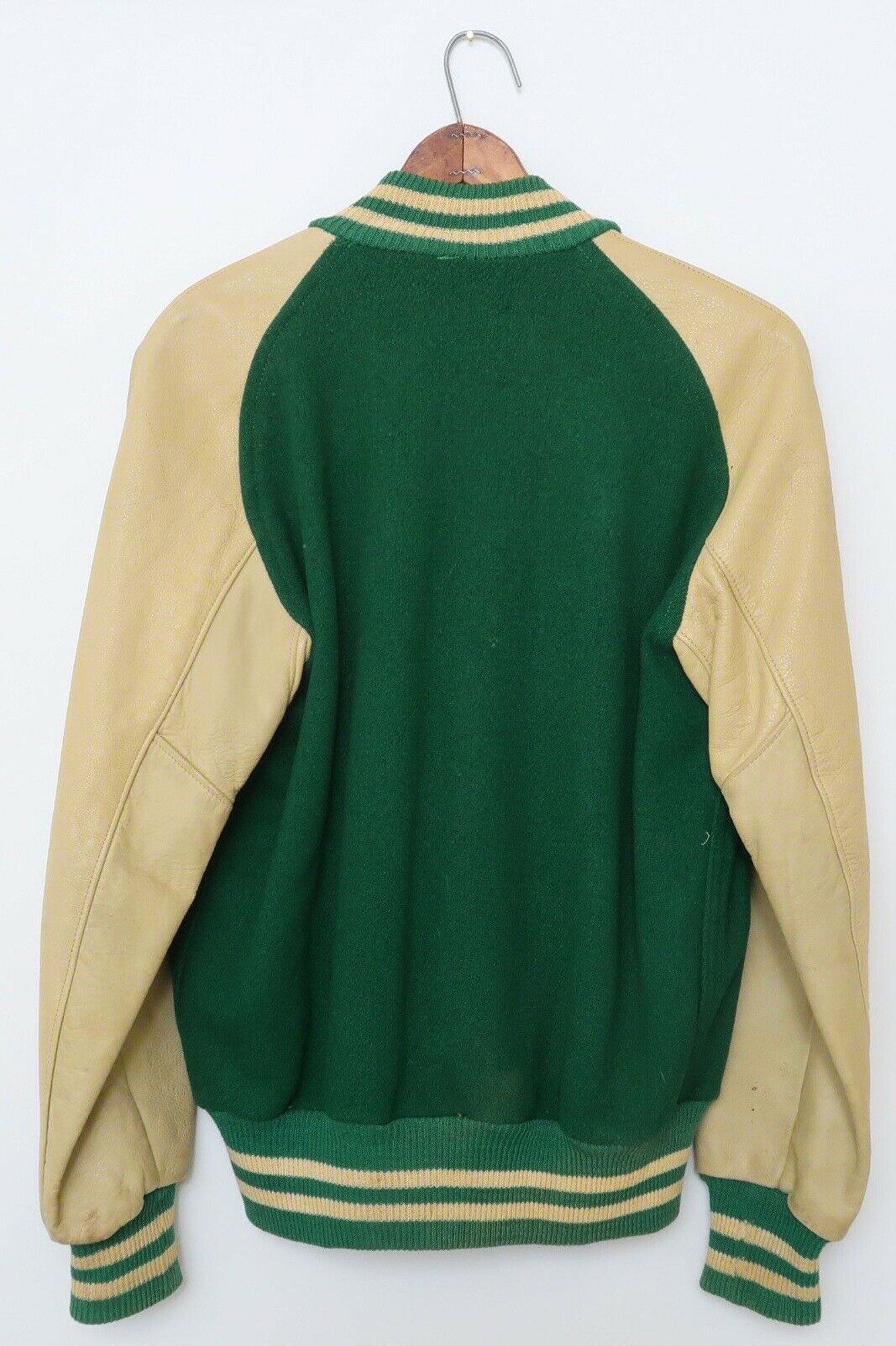 Vintage 60s Faded Green Wool Leather Varsity Jacket Size US M / EU 48-50 / 2 - 2 Thumbnail