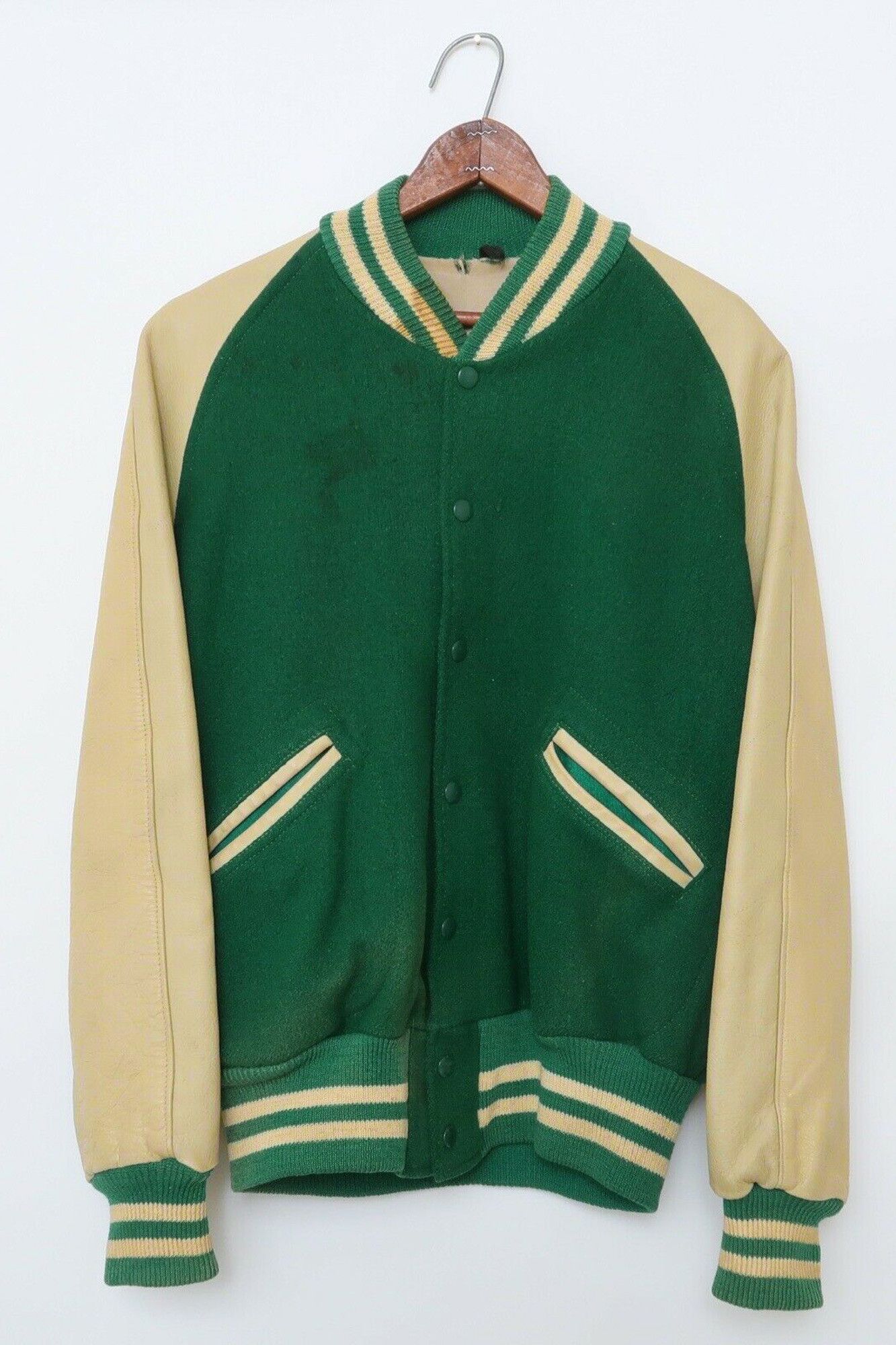 Vintage 60s Faded Green Wool Leather Varsity Jacket Size US M / EU 48-50 / 2 - 1 Thumbnail