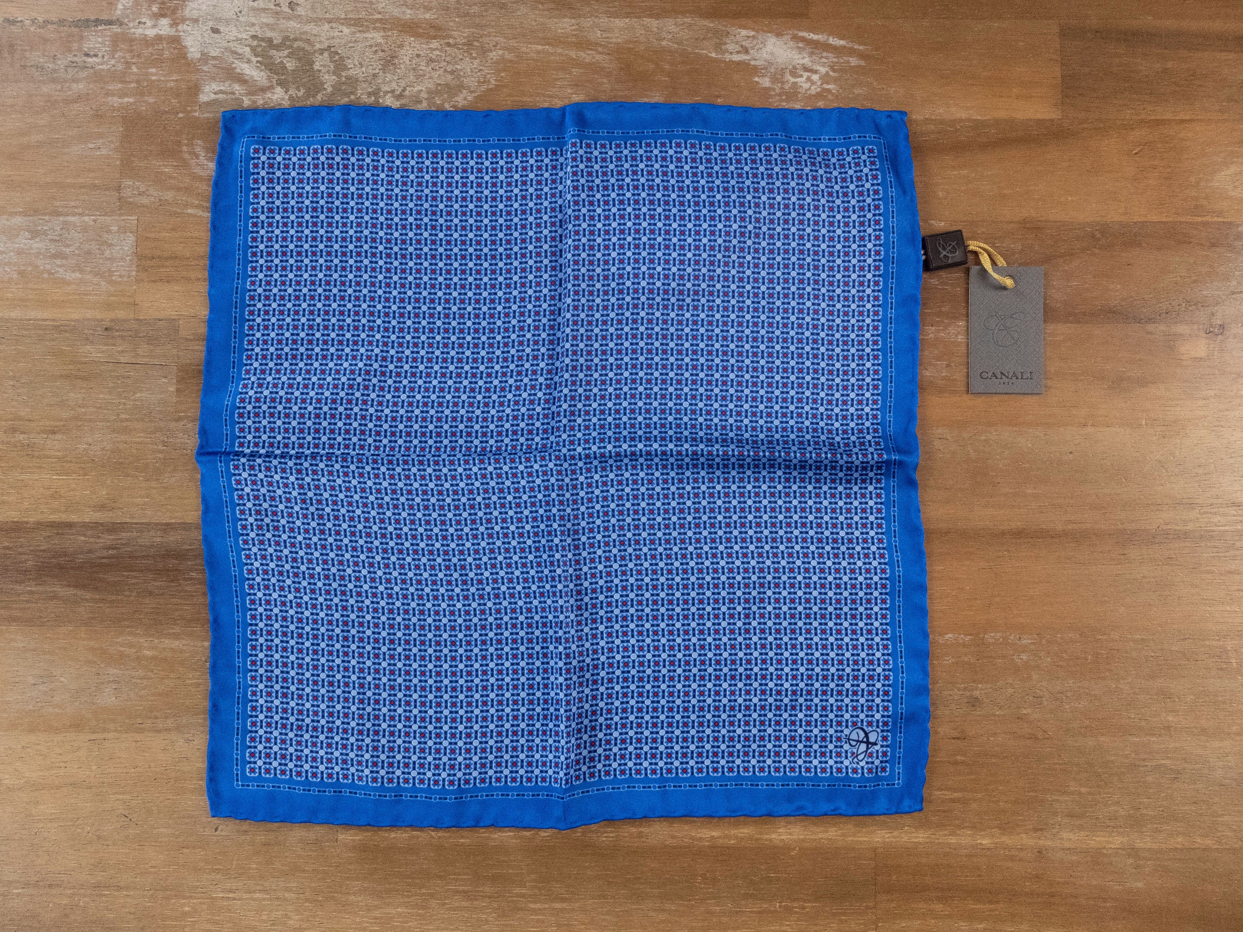 CANALI blue geometric print silk pocket square NWT