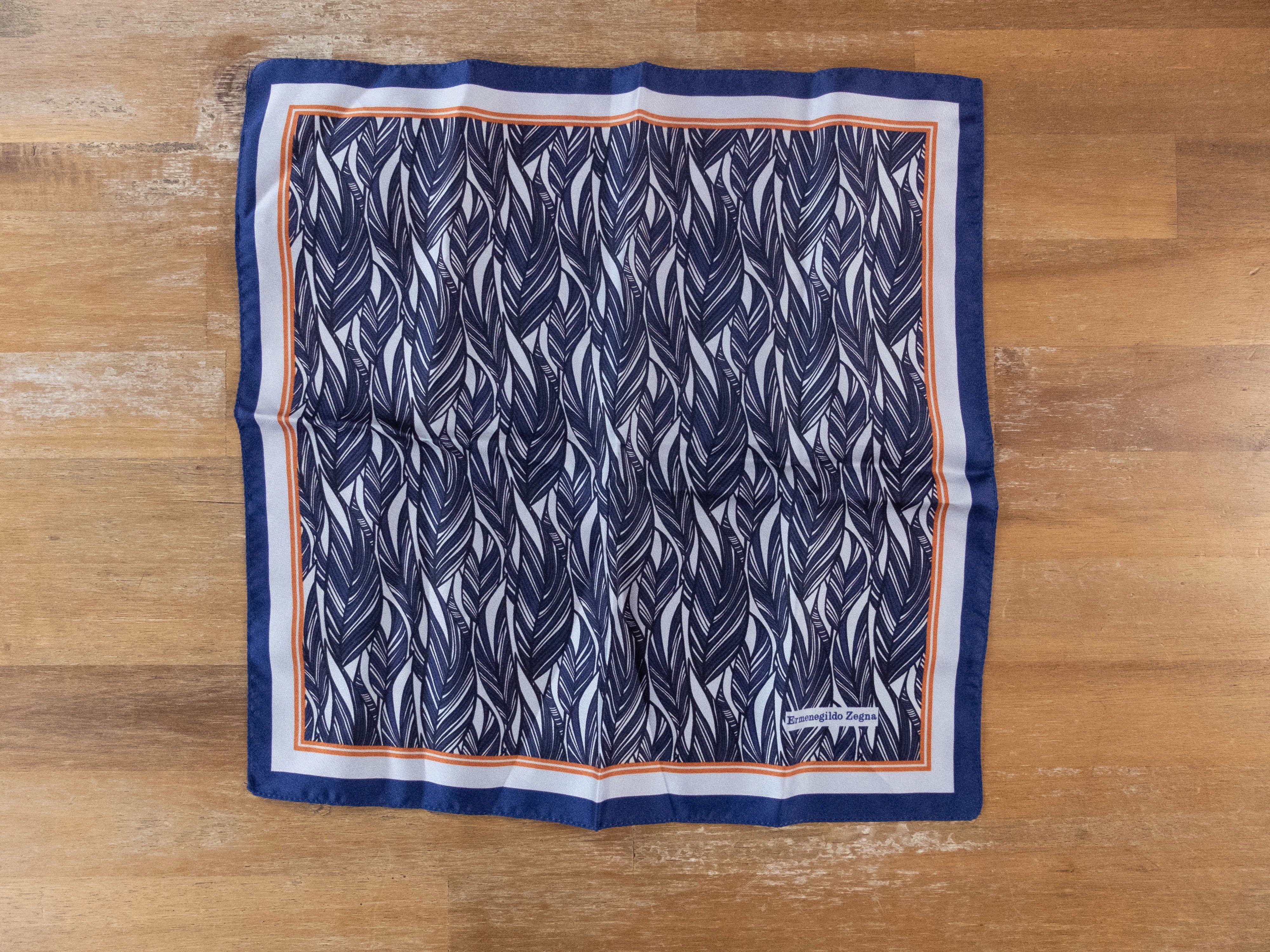 ERMENEGILDO ZEGNA blue white leaf print silk pocket square