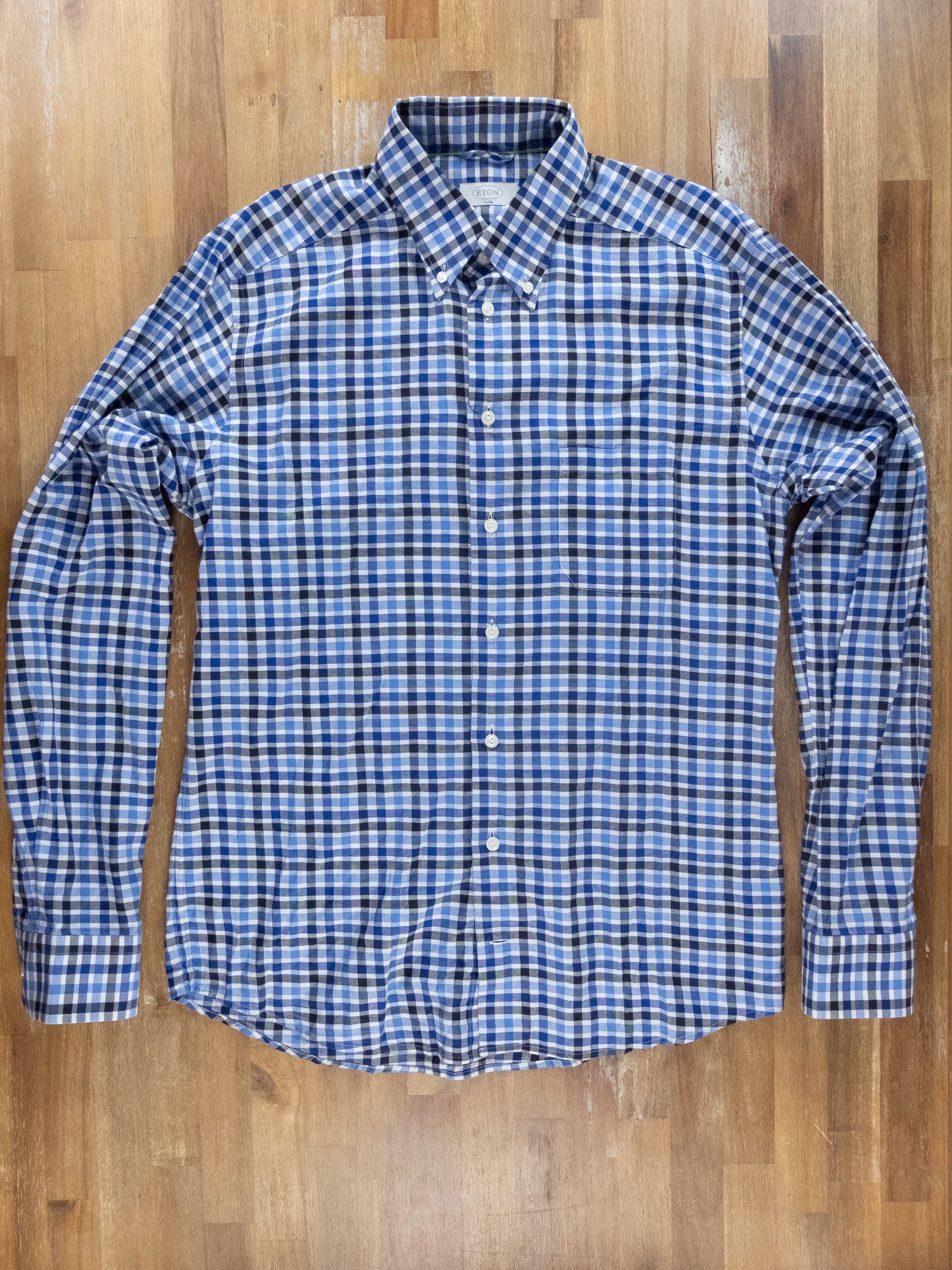 Eton ETON slim lightweight blue plaid button-down shirt 42 16.5 Size US L / EU 52-54 / 3 - 1 Thumbnail