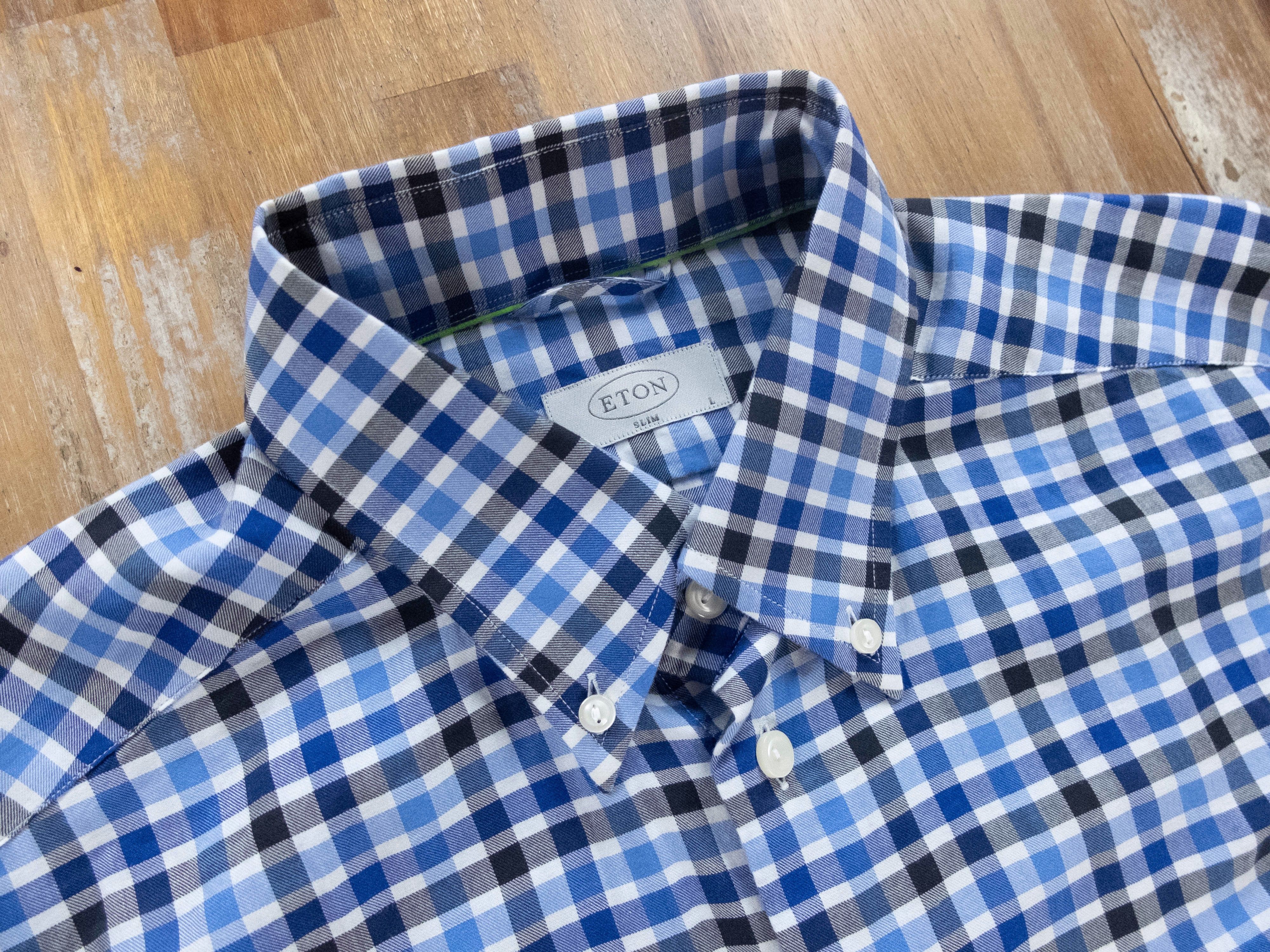 Eton ETON slim lightweight blue plaid button-down shirt 42 16.5 Size US L / EU 52-54 / 3 - 2 Thumbnail