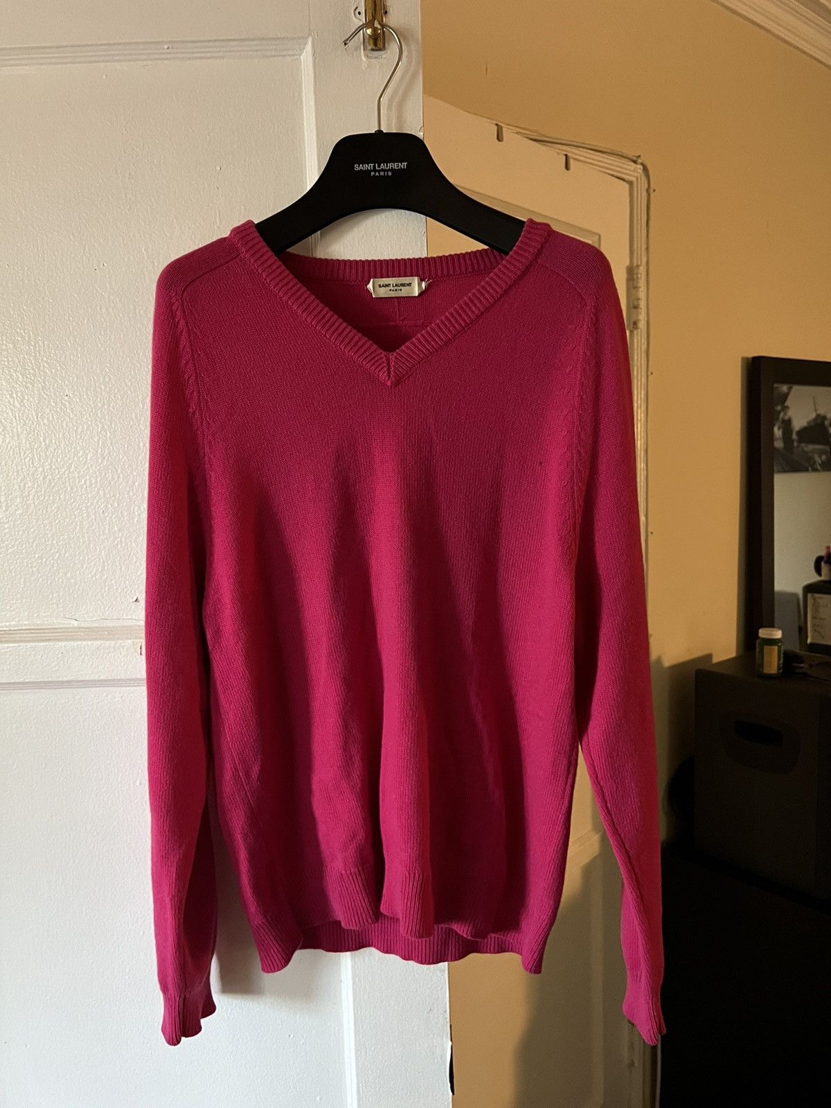 image of Saint Laurent Paris Hedi 2014 Cashmere V Neck Sweater in Pink, Men's (Size Medium)