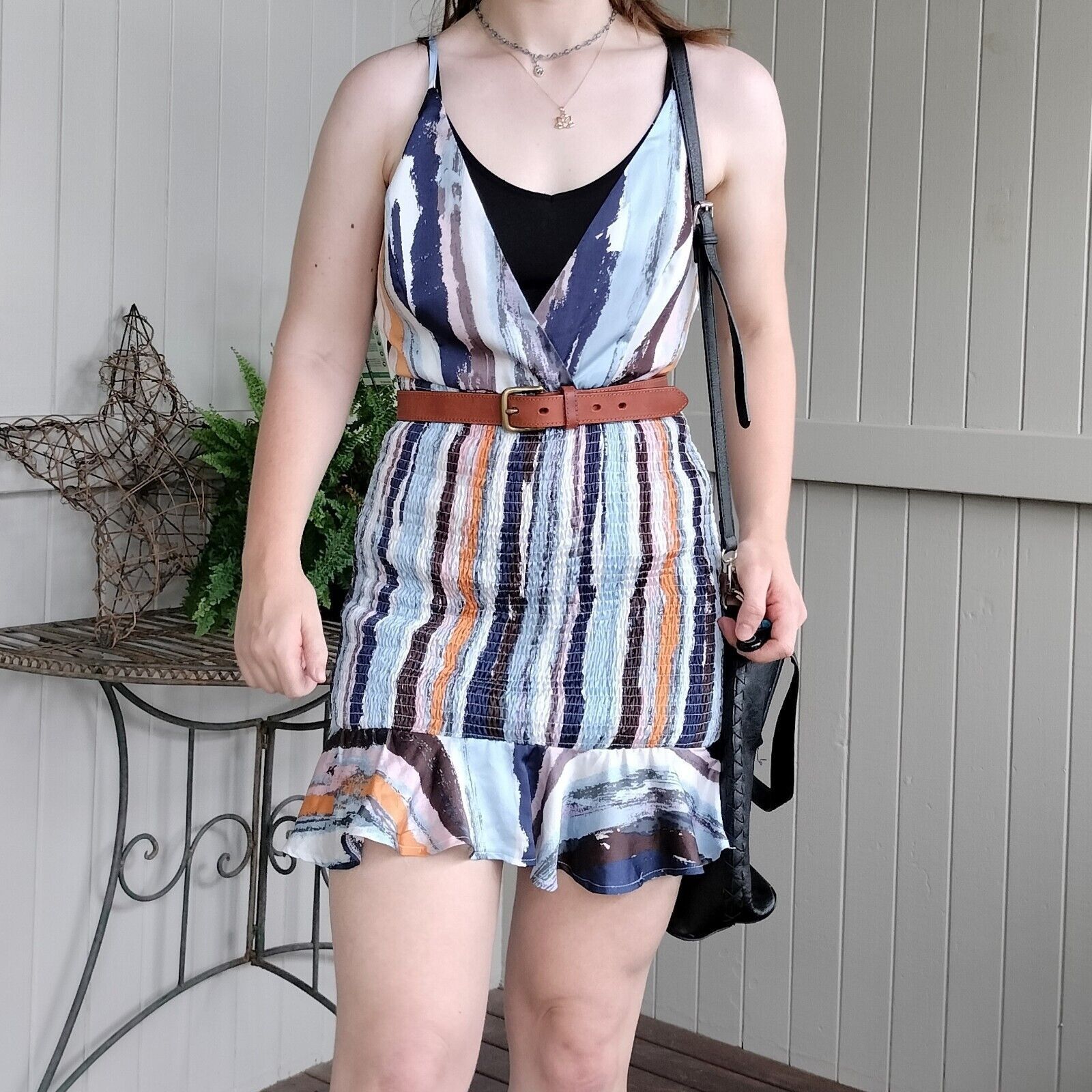 Designer Blossom Dress Blue Mini Bodycon Plunge Striped Shirred Size M / US 6-8 / IT 42-44 - 1 Thumbnail