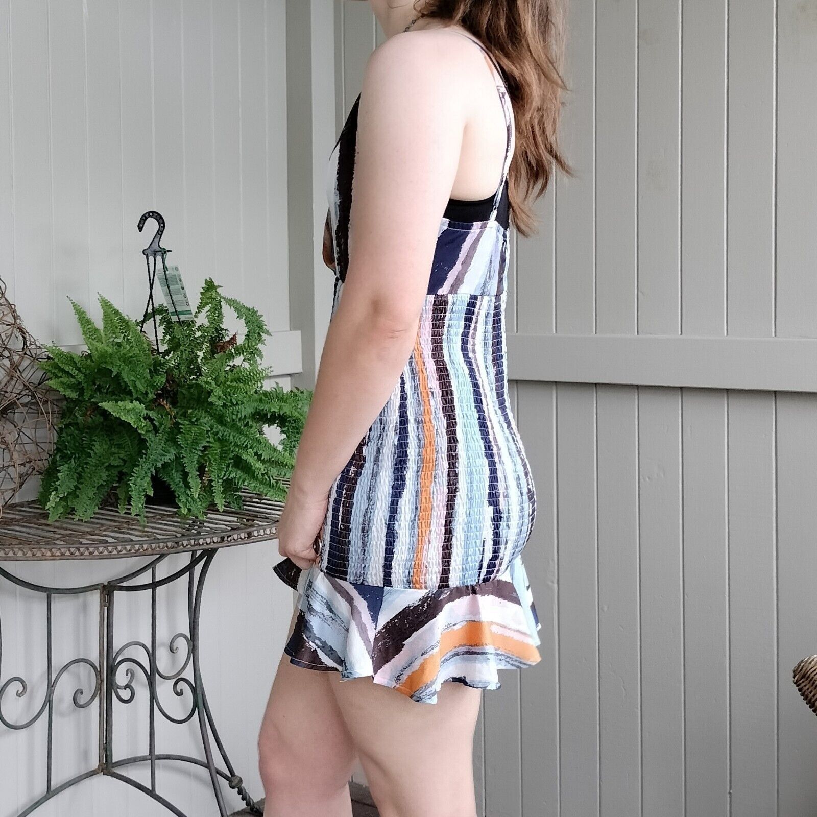 Designer Blossom Dress Blue Mini Bodycon Plunge Striped Shirred Size M / US 6-8 / IT 42-44 - 4 Thumbnail