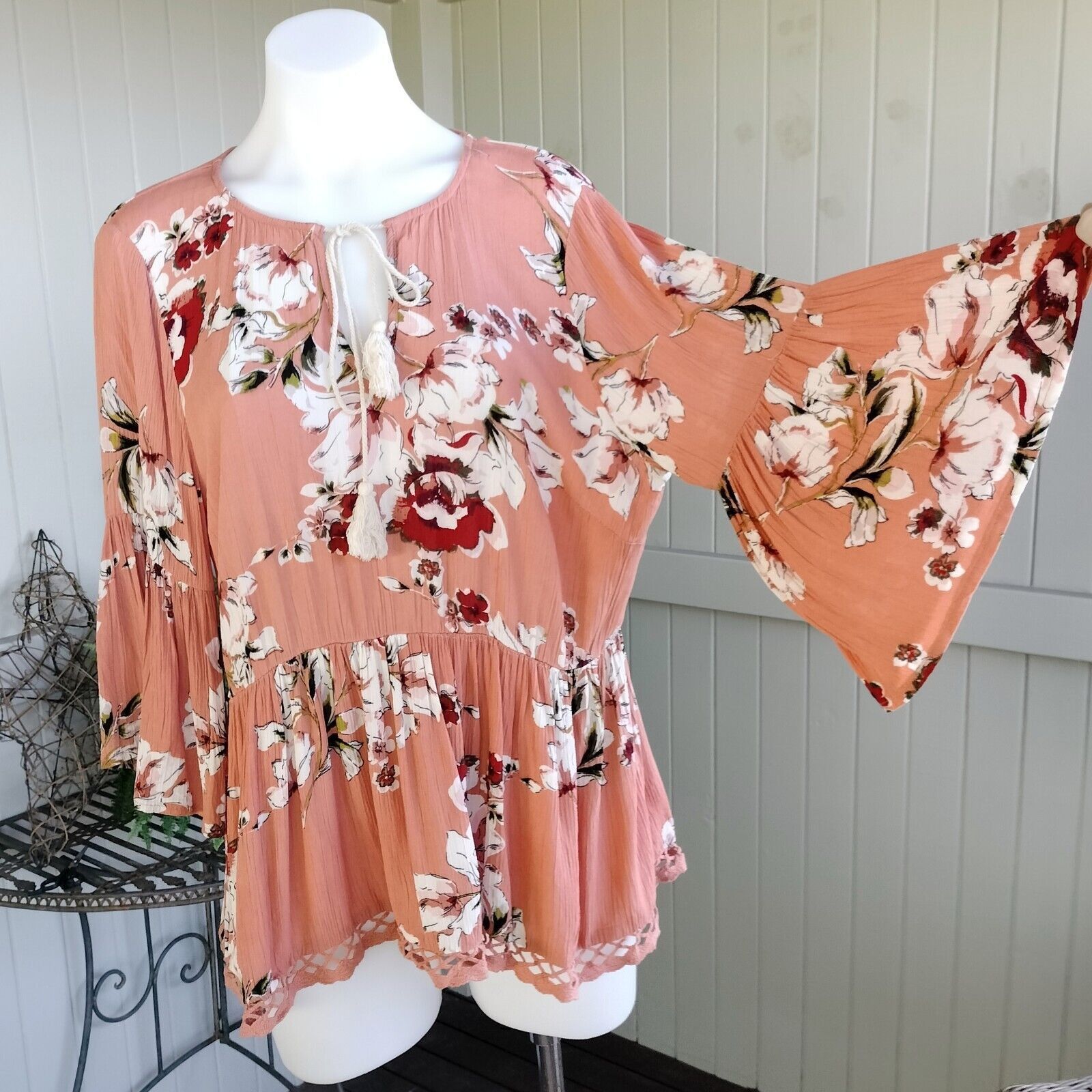 Designer Dotti Top Blouse Orange Floral Crochet Gauze Bell Sleeve Size S / US 4 / IT 40 - 7 Thumbnail