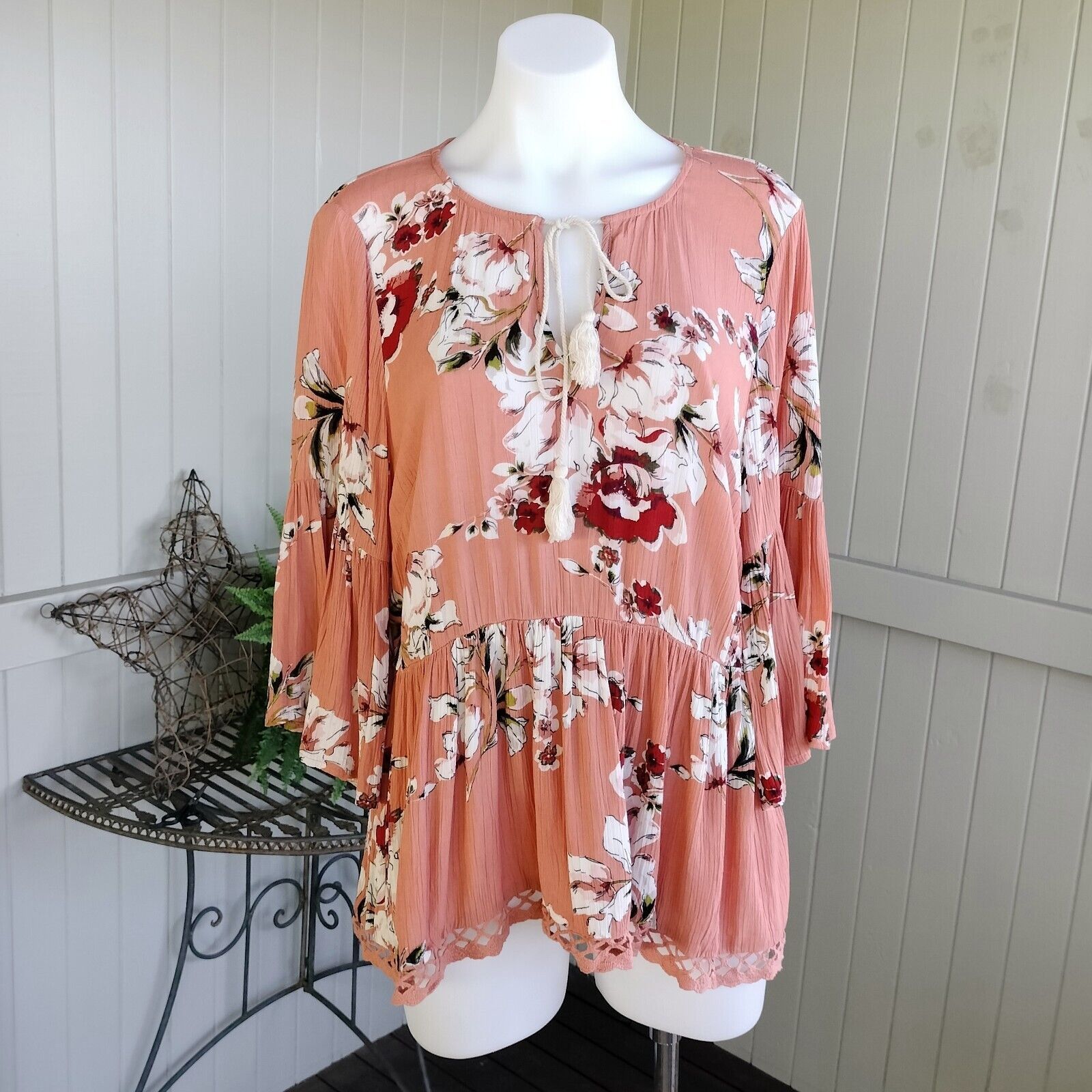 Designer Dotti Top Blouse Orange Floral Crochet Gauze Bell Sleeve Size S / US 4 / IT 40 - 3 Thumbnail