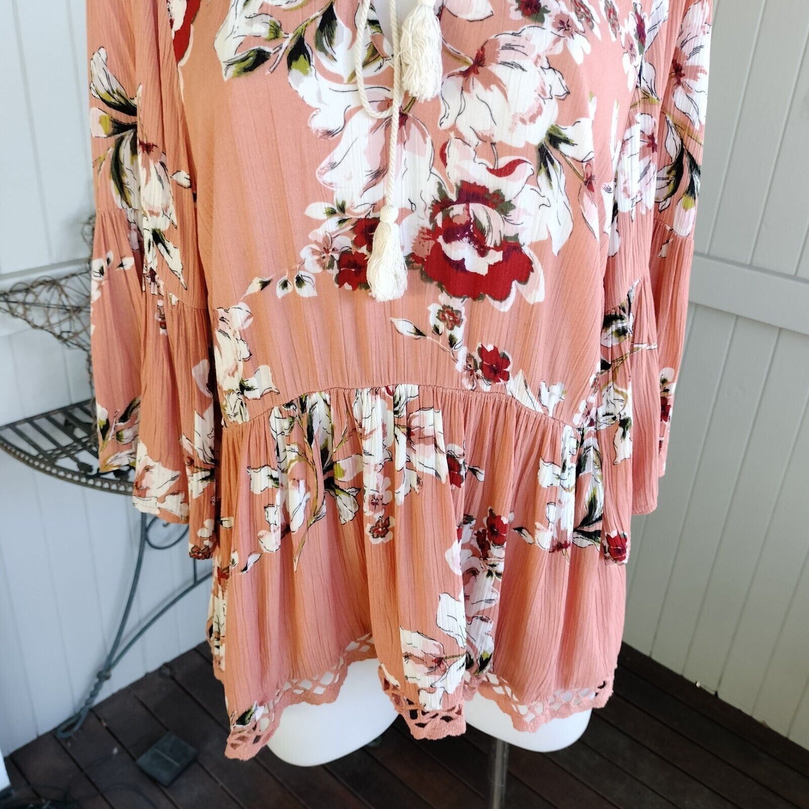Designer Dotti Top Blouse Orange Floral Crochet Gauze Bell Sleeve Size S / US 4 / IT 40 - 6 Thumbnail