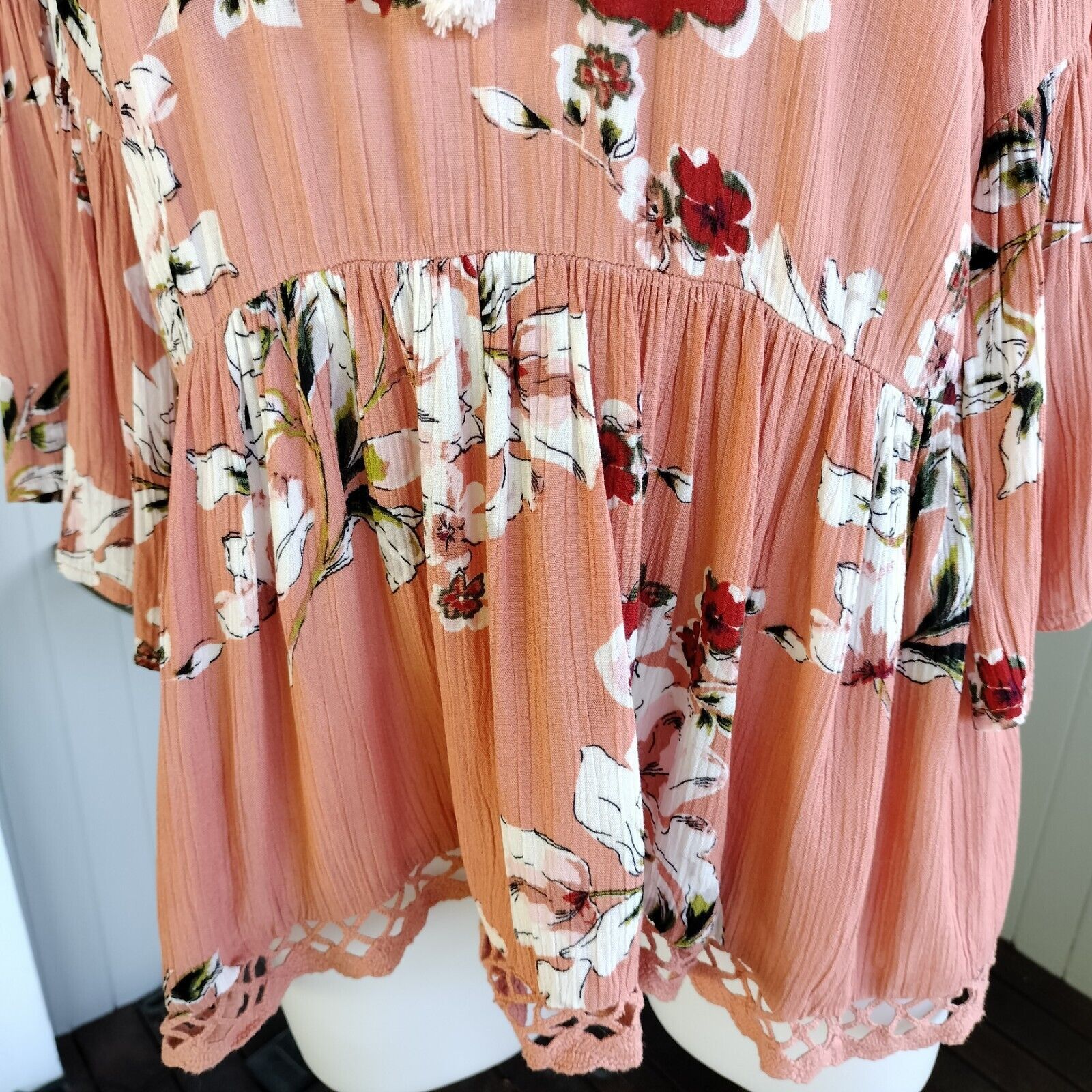 Designer Dotti Top Blouse Orange Floral Crochet Gauze Bell Sleeve Size S / US 4 / IT 40 - 8 Thumbnail