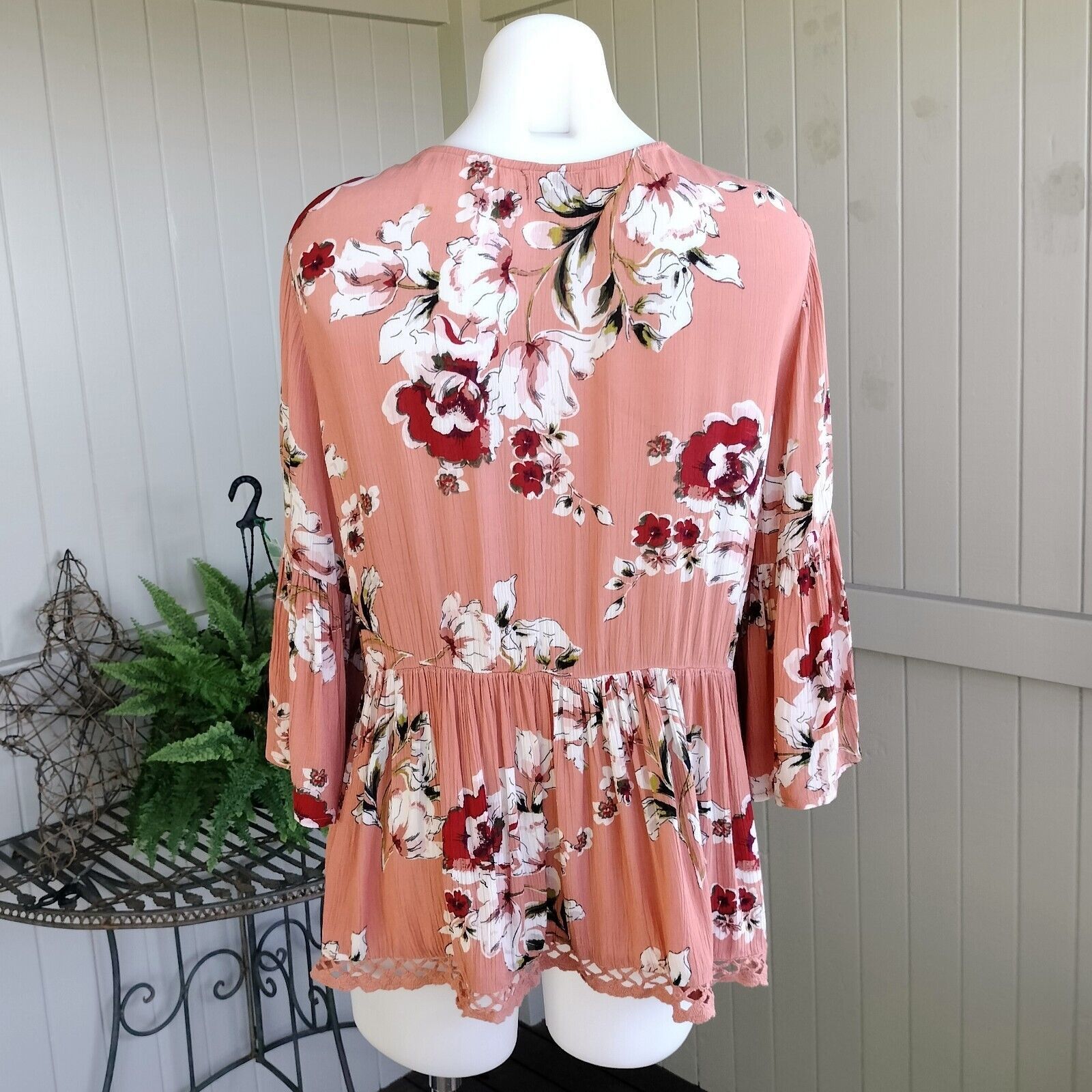 Designer Dotti Top Blouse Orange Floral Crochet Gauze Bell Sleeve Size S / US 4 / IT 40 - 2 Thumbnail