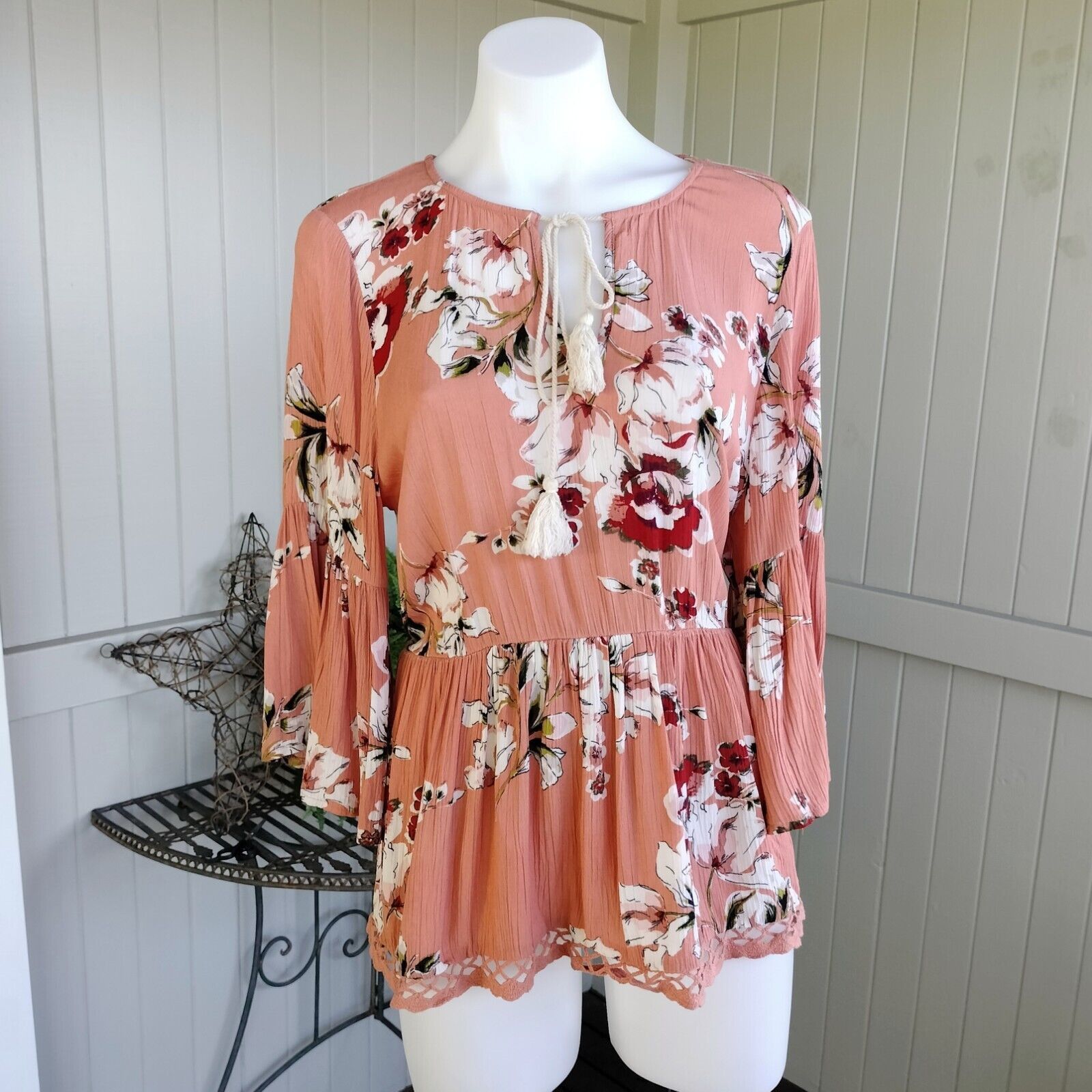 Designer Dotti Top Blouse Orange Floral Crochet Gauze Bell Sleeve Size S / US 4 / IT 40 - 1 Thumbnail