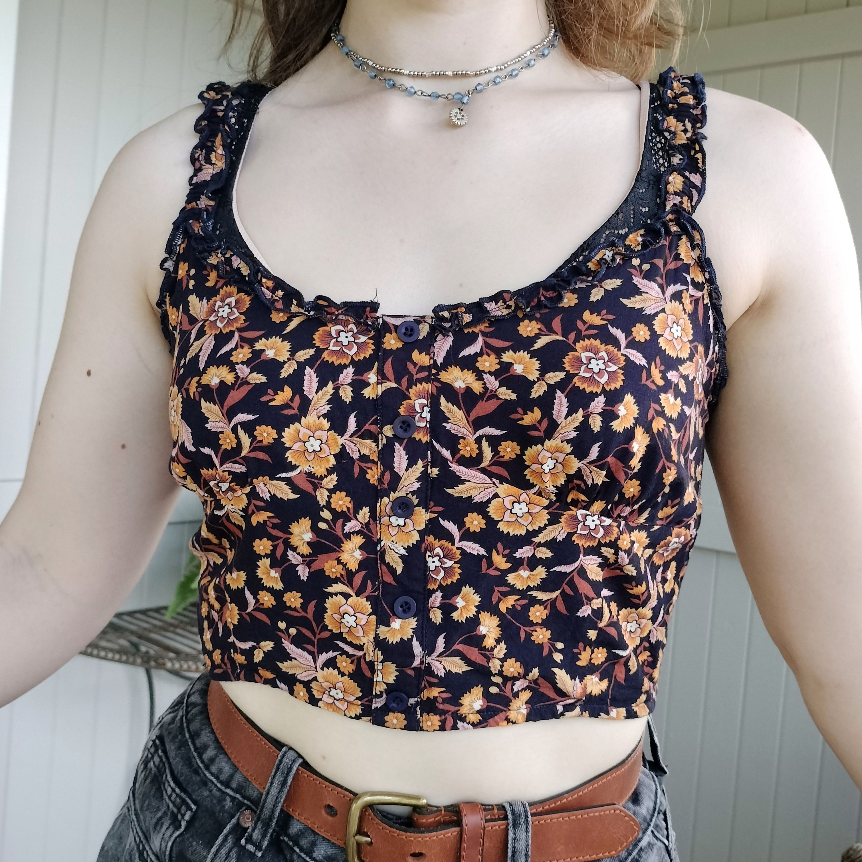 Other Ally Crop Top Navy Orange Floral Ditsy Milkmaid Ruffle Size M / US 6-8 / IT 42-44 - 3 Thumbnail