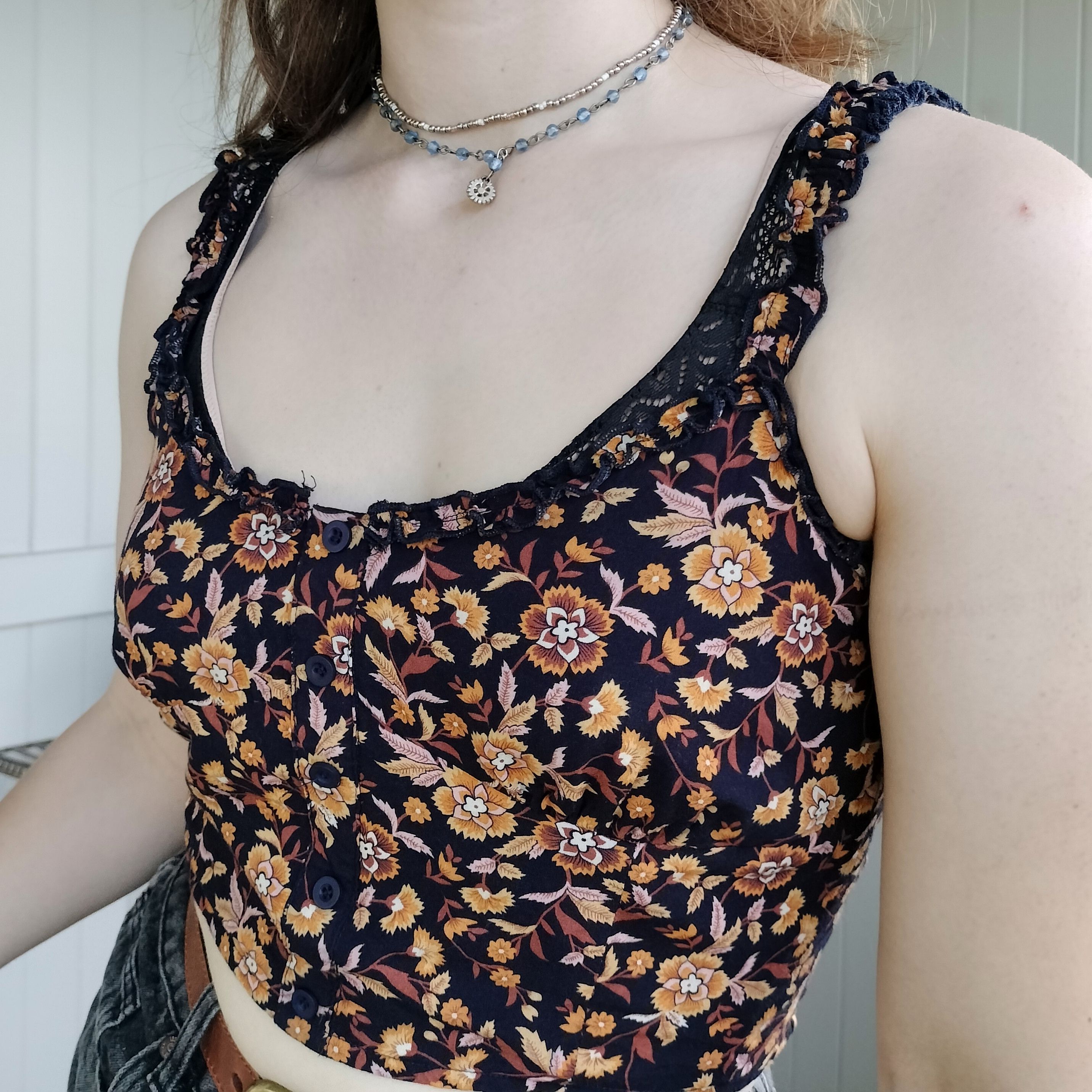 Other Ally Crop Top Navy Orange Floral Ditsy Milkmaid Ruffle Size M / US 6-8 / IT 42-44 - 4 Thumbnail