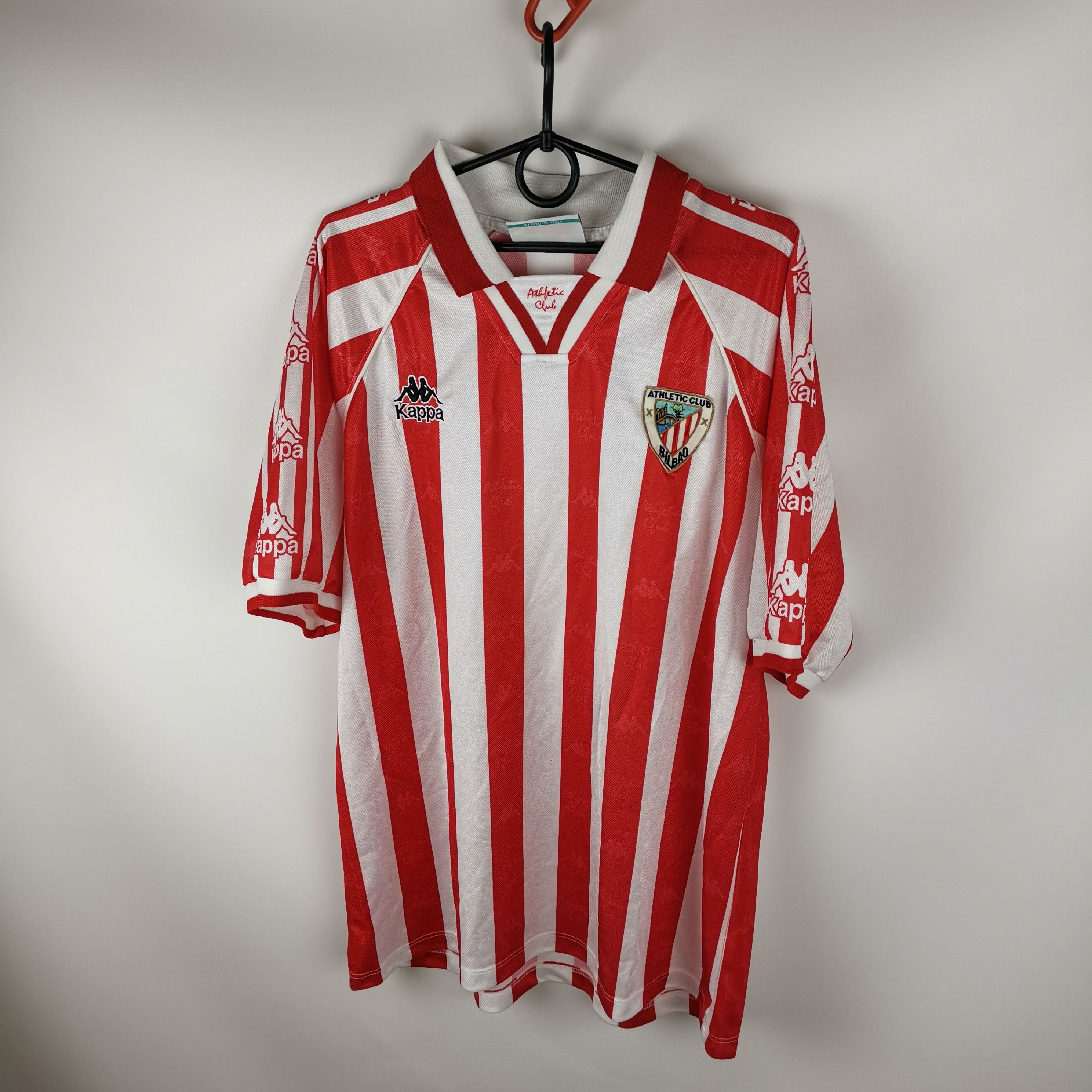 image of Kappa Athletic Bilbao 1995 1997 Home Soccer Jersey in Red White, Men's (Size Large)
