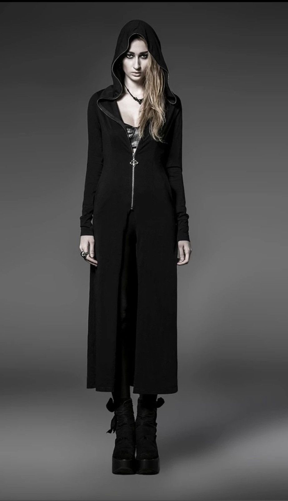 image of Seditionaries Punk Rave Sorceress Witch Long Coat With Pointed Hoodie in Black, Men's (Size XS)