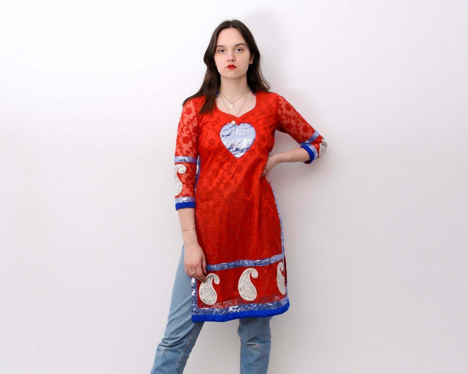 Other × Vintage Women's M Glitz Embroidered Shimmer Indian Dress Red 90's Size M / US 6-8 / IT 42-44 - 2 Thumbnail