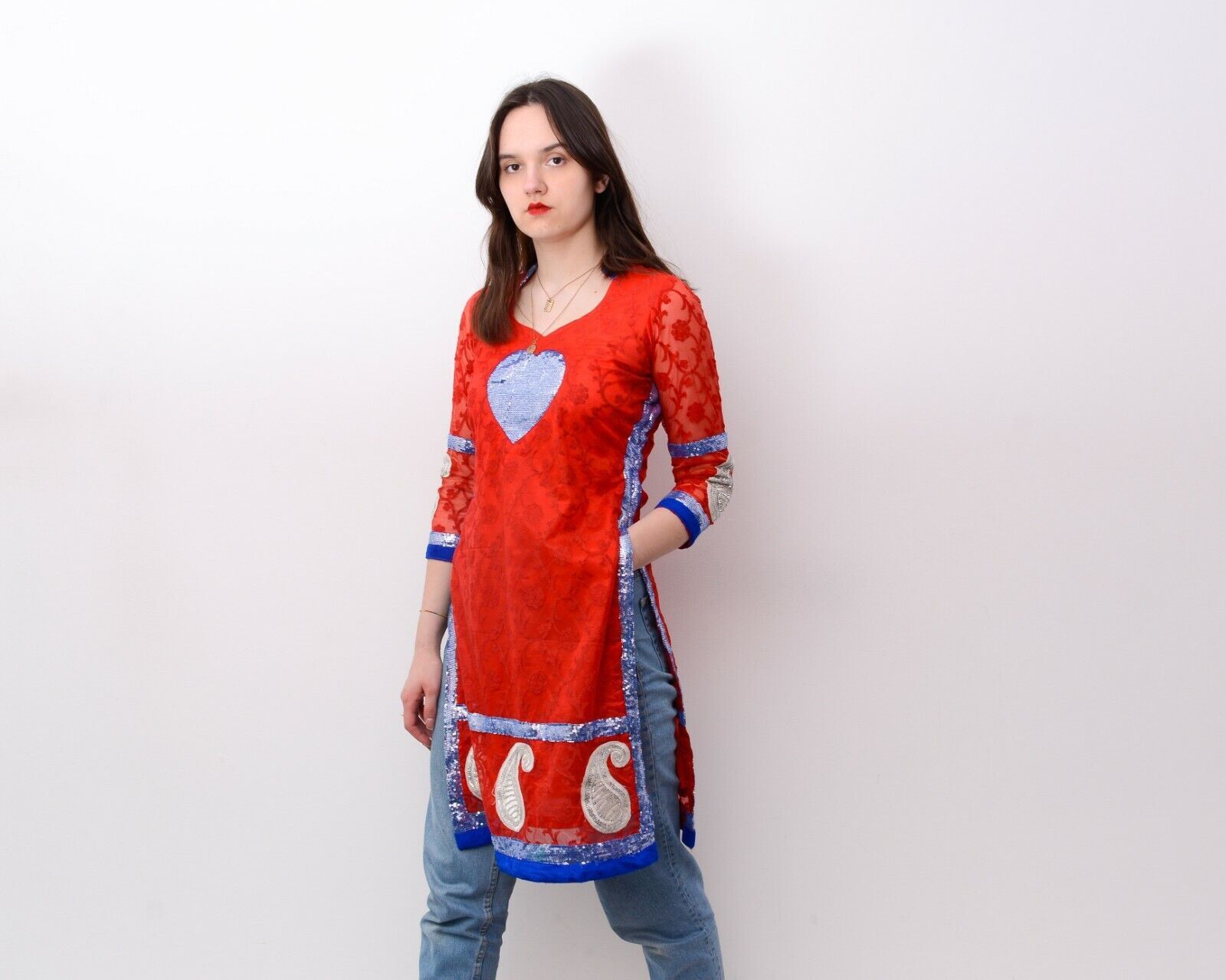 Other × Vintage Women's M Glitz Embroidered Shimmer Indian Dress Red 90's Size M / US 6-8 / IT 42-44 - 1 Thumbnail