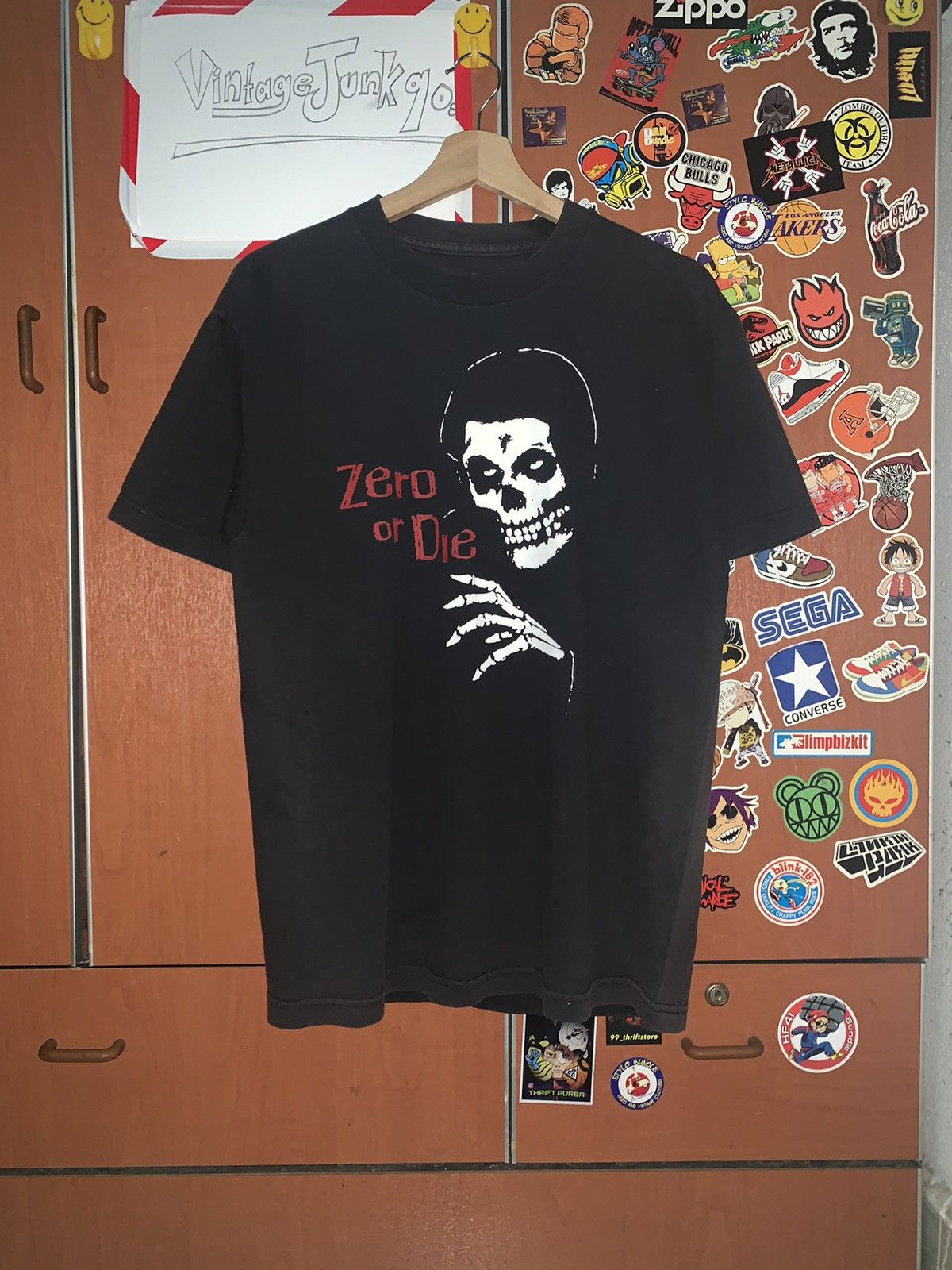 image of Skategang x Vintage Zero Skateboards T-Shirt Parody Misfits in Faded Black, Men's (Size Medium)