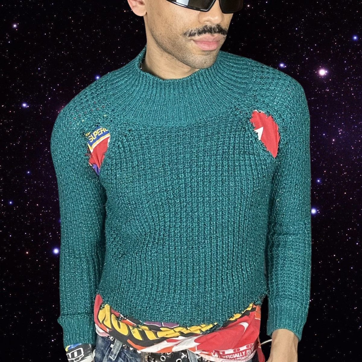 Vintage ASTROBOI* Green Metallic Grunge Sweater - Medium Size US M / EU 48-50 / 2 - 3 Thumbnail