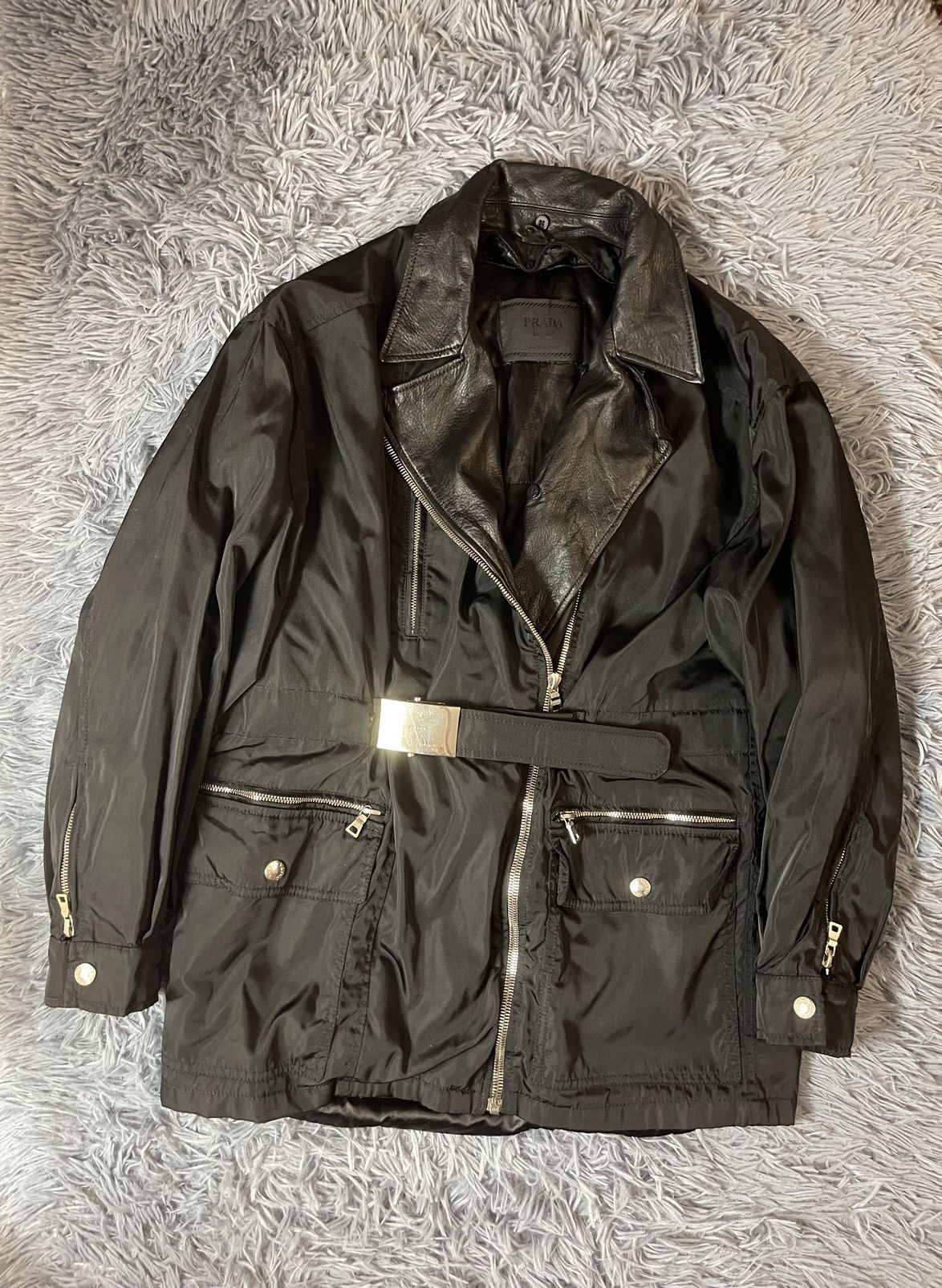 Prada × Vintage Prada nylon + leather avant garde belted biker jacket Size US M / EU 48-50 / 2 - 1 Thumbnail