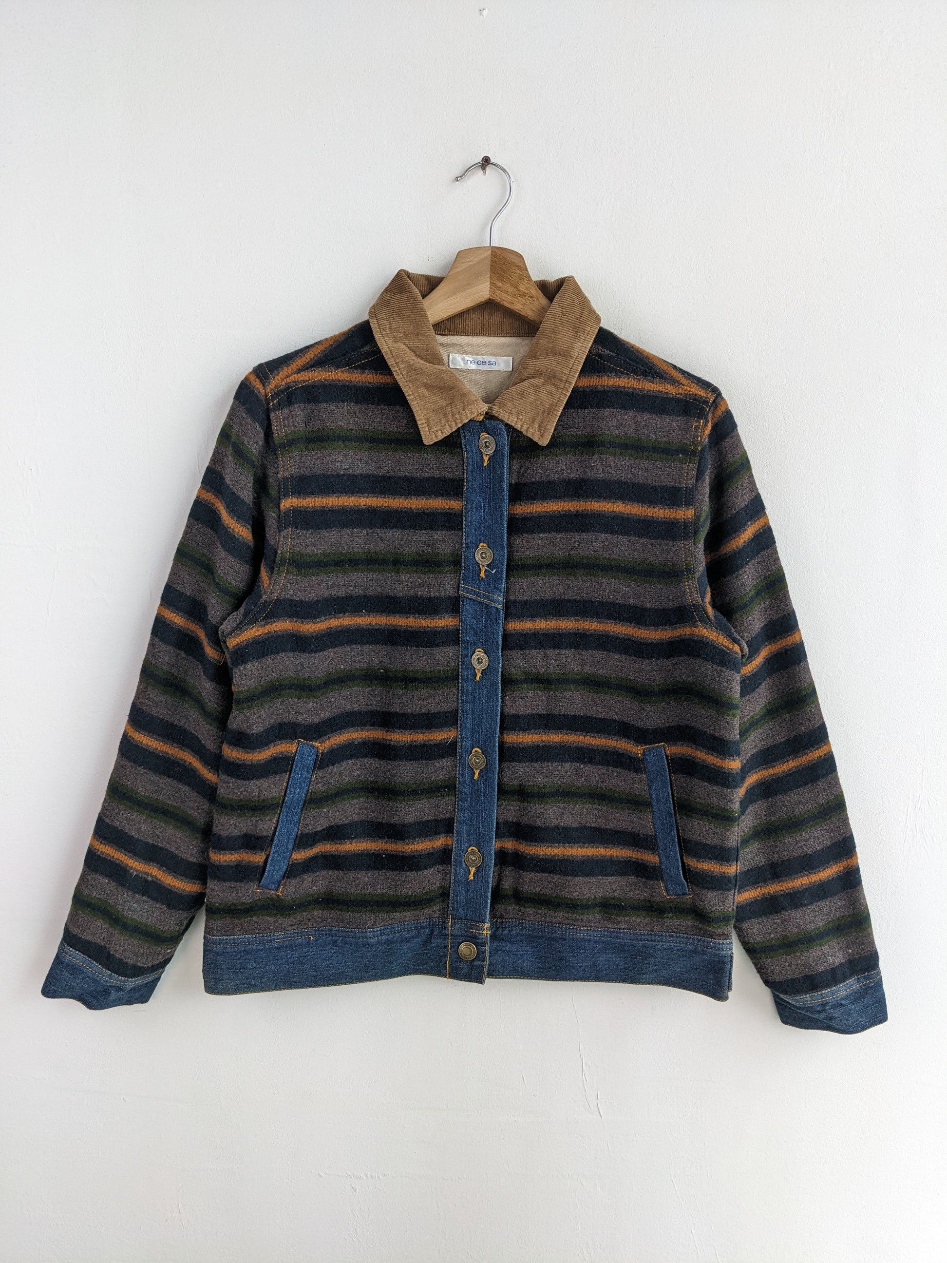 Japanese Brand × Vintage 🇯🇵 Vintage 1990s Wool Denim Jacket Stripe by necesa Size US M / EU 48-50 / 2 - 2 Thumbnail