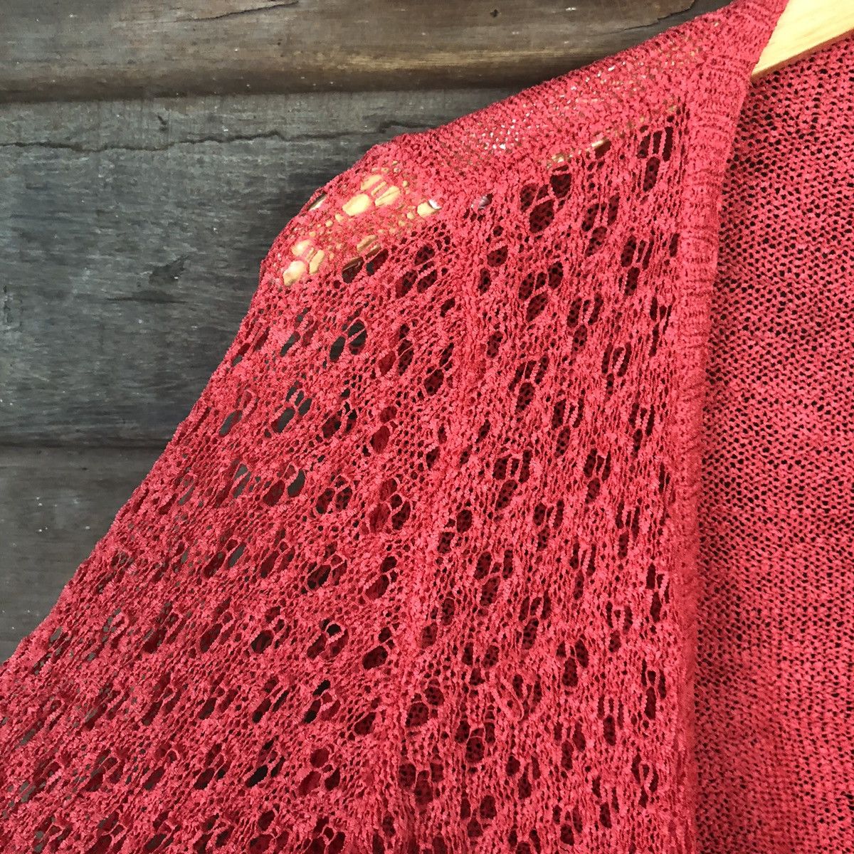 Japanese Brand CKM Mesh Net Crochet Red Cardigan Knitwear #7146 Size L / US 10 / IT 46 - 7 Thumbnail