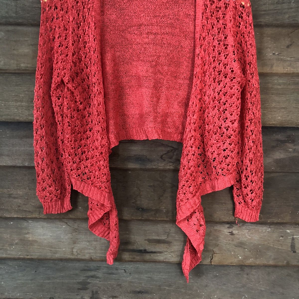 Japanese Brand CKM Mesh Net Crochet Red Cardigan Knitwear #7146 Size L / US 10 / IT 46 - 3 Thumbnail