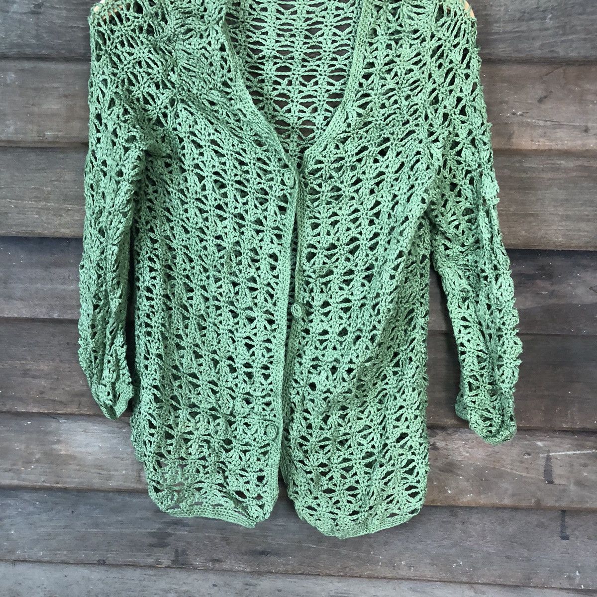Homespun Knitwear Japan Mesh Net Crochet Green Cardigan Knitwear #7143 Size S / US 4 / IT 40 - 3 Thumbnail