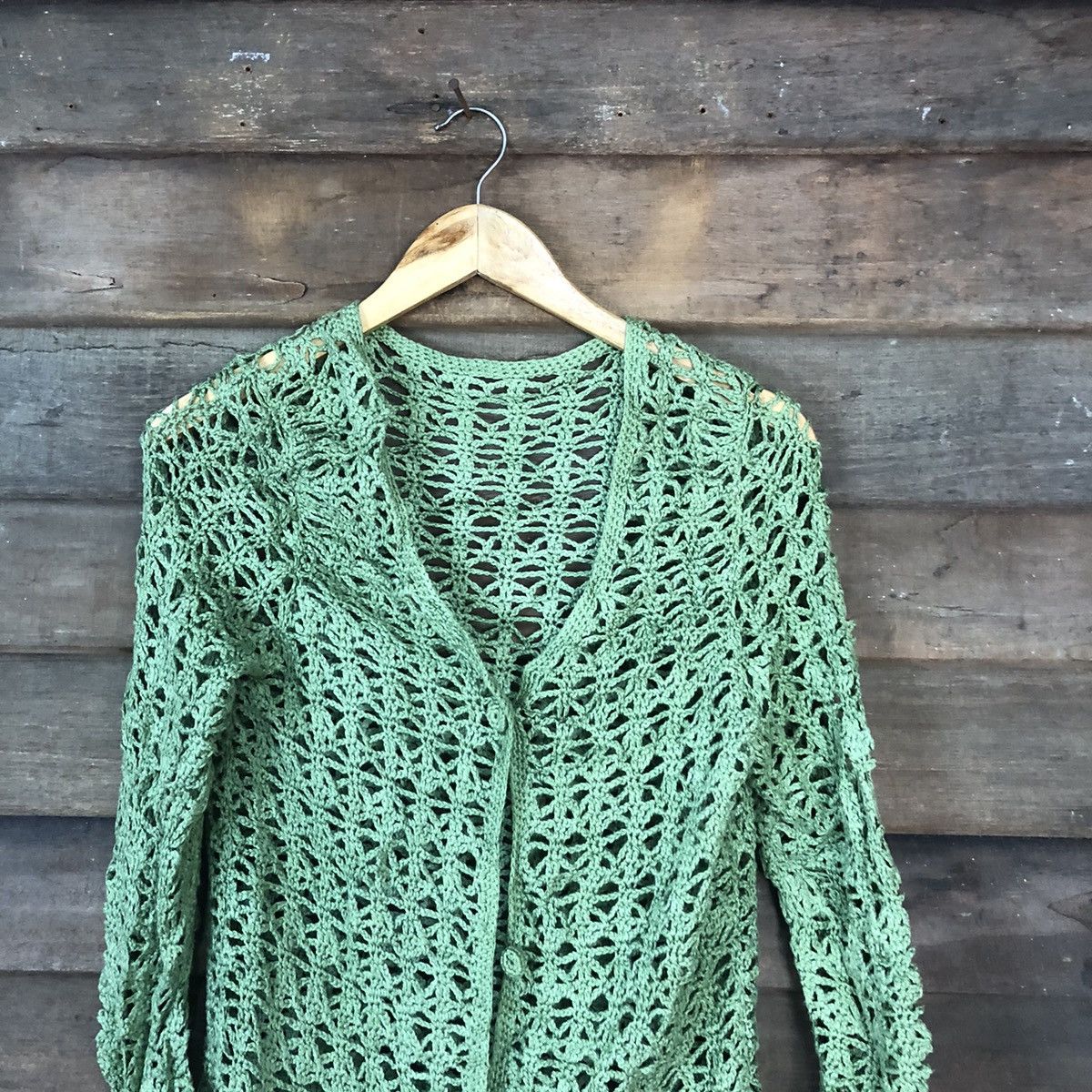 Homespun Knitwear Japan Mesh Net Crochet Green Cardigan Knitwear #7143 Size S / US 4 / IT 40 - 2 Thumbnail