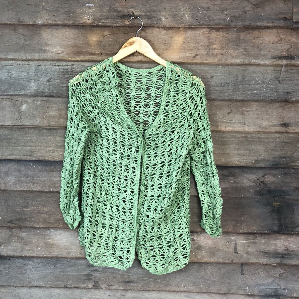 Homespun Knitwear Japan Mesh Net Crochet Green Cardigan Knitwear #7143 Size S / US 4 / IT 40 - 1 Thumbnail