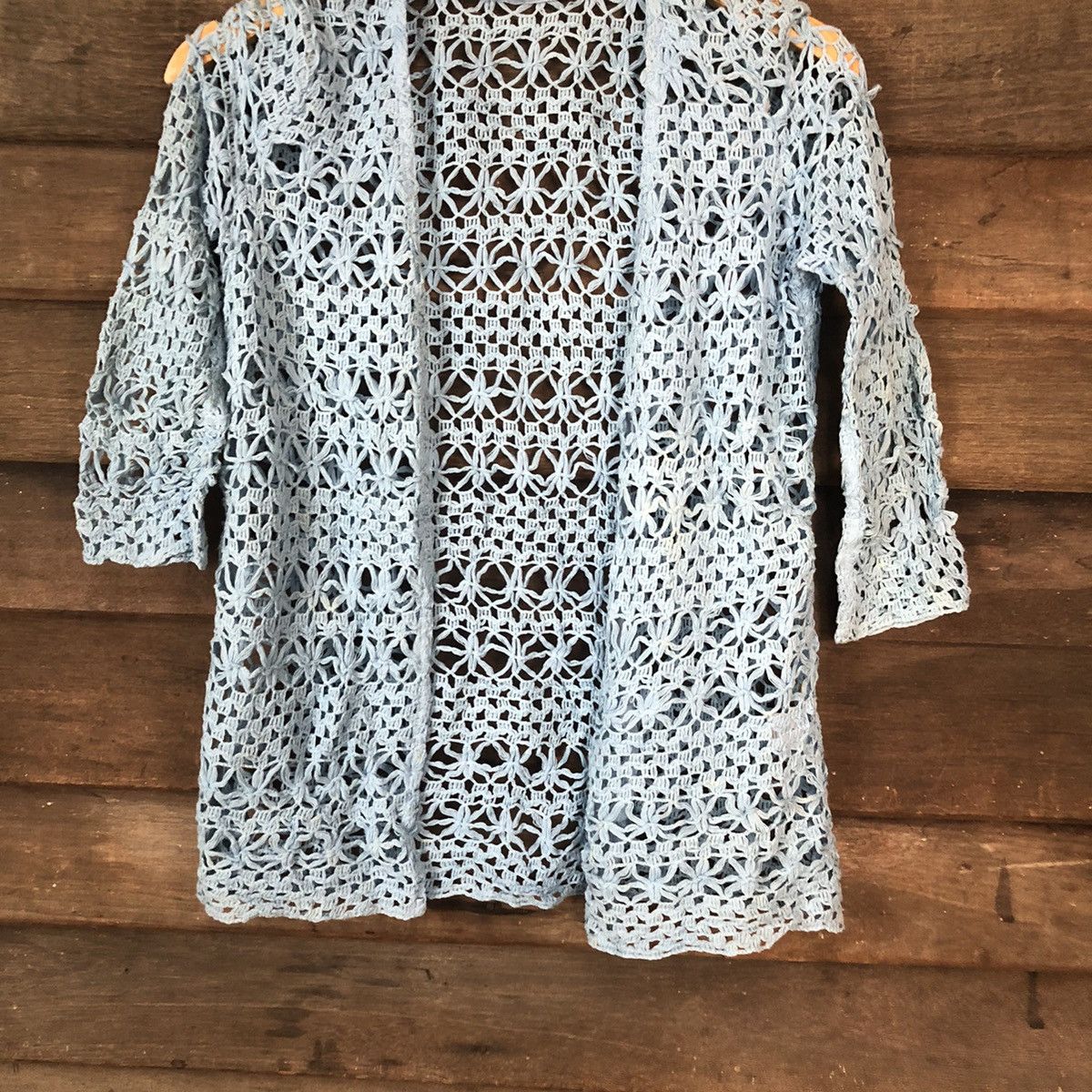 Homespun Knitwear Wllane Mesh Net Crochet Blue Cardigan Knitwear #7138 Size S / US 4 / IT 40 - 3 Thumbnail