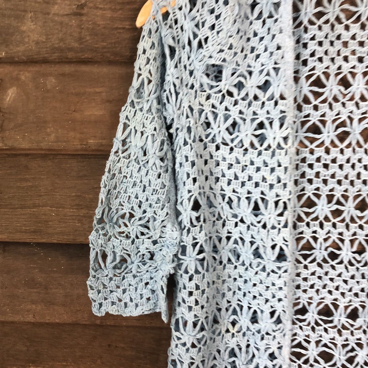 Homespun Knitwear Wllane Mesh Net Crochet Blue Cardigan Knitwear #7138 Size S / US 4 / IT 40 - 4 Thumbnail