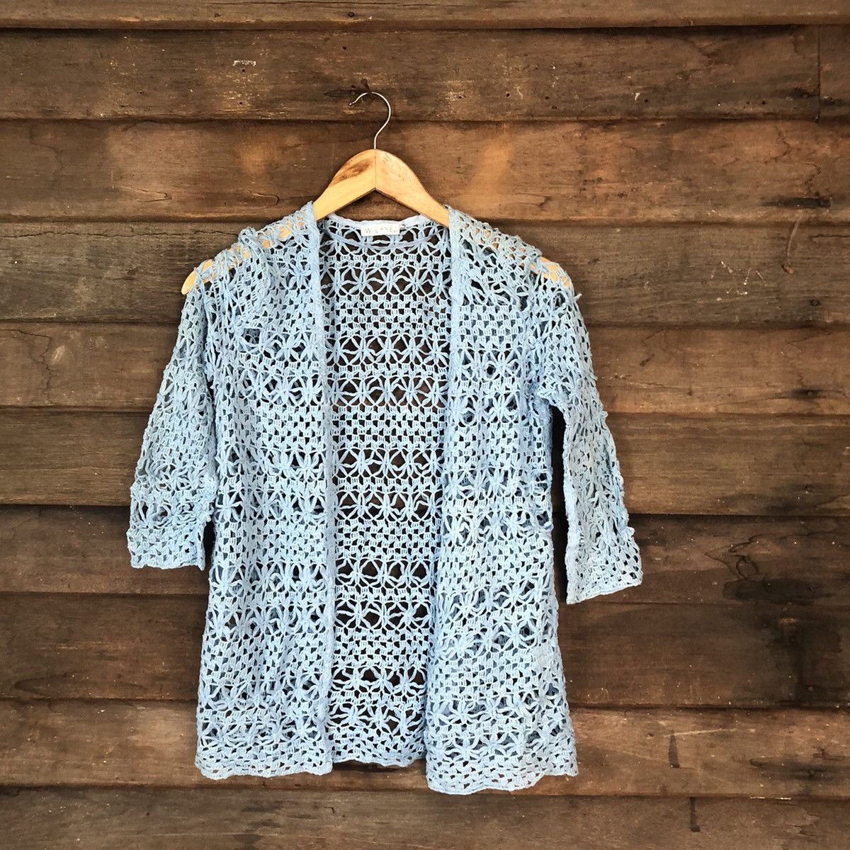 Homespun Knitwear Wllane Mesh Net Crochet Blue Cardigan Knitwear #7138 Size S / US 4 / IT 40 - 1 Thumbnail