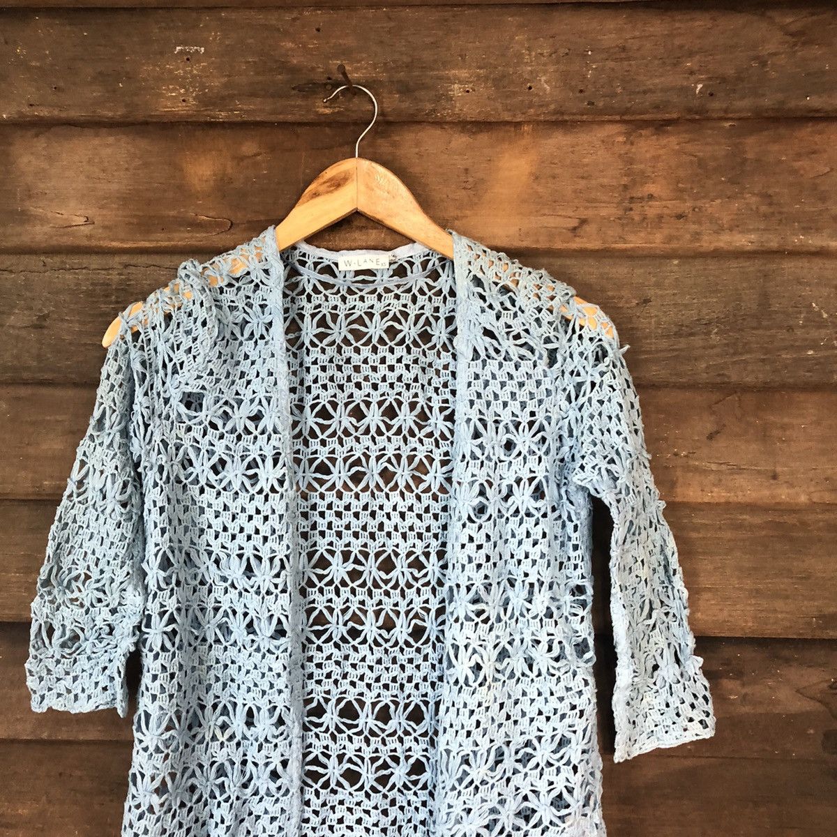 Homespun Knitwear Wllane Mesh Net Crochet Blue Cardigan Knitwear #7138 Size S / US 4 / IT 40 - 2 Thumbnail