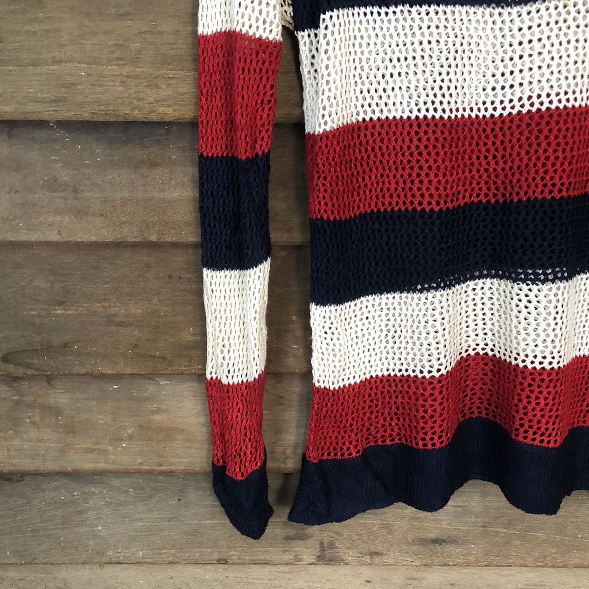 Homespun Knitwear Event Mesh Net Crochet Stripe Red Cardigan Knitwear #7128 Size XS / US 0-2 / IT 36-38 - 4 Thumbnail