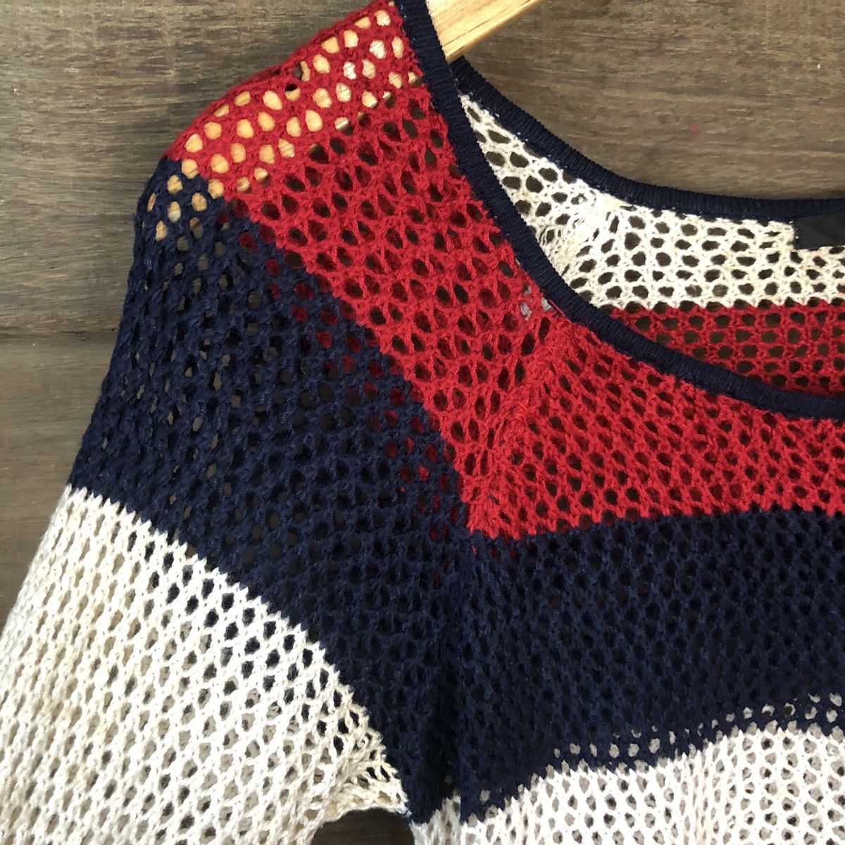Homespun Knitwear Event Mesh Net Crochet Stripe Red Cardigan Knitwear #7128 Size XS / US 0-2 / IT 36-38 - 10 Thumbnail