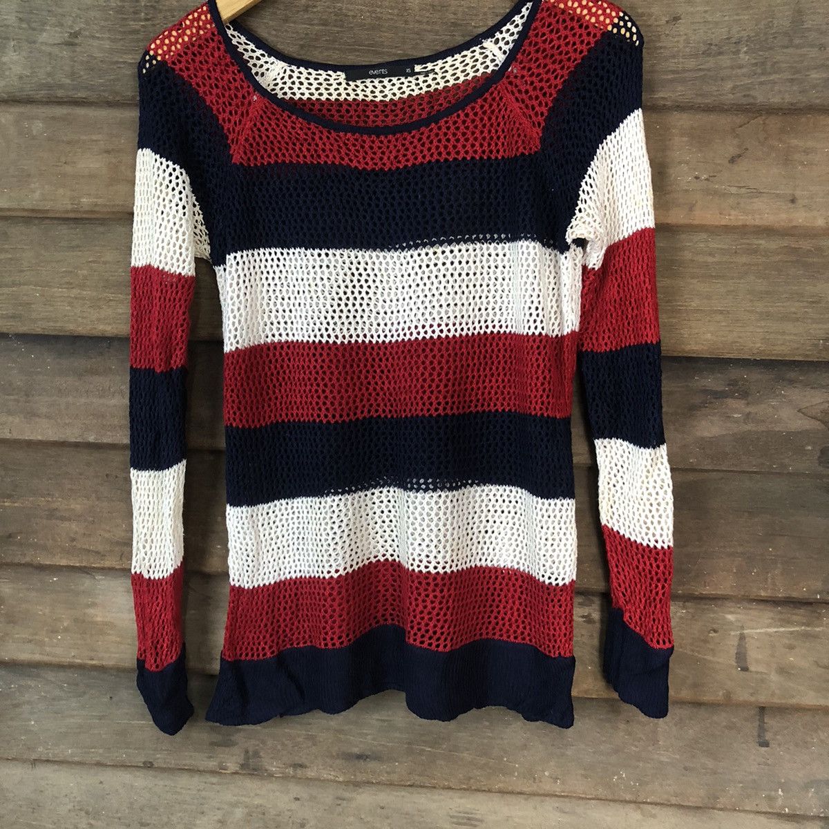 Homespun Knitwear Event Mesh Net Crochet Stripe Red Cardigan Knitwear #7128 Size XS / US 0-2 / IT 36-38 - 3 Thumbnail