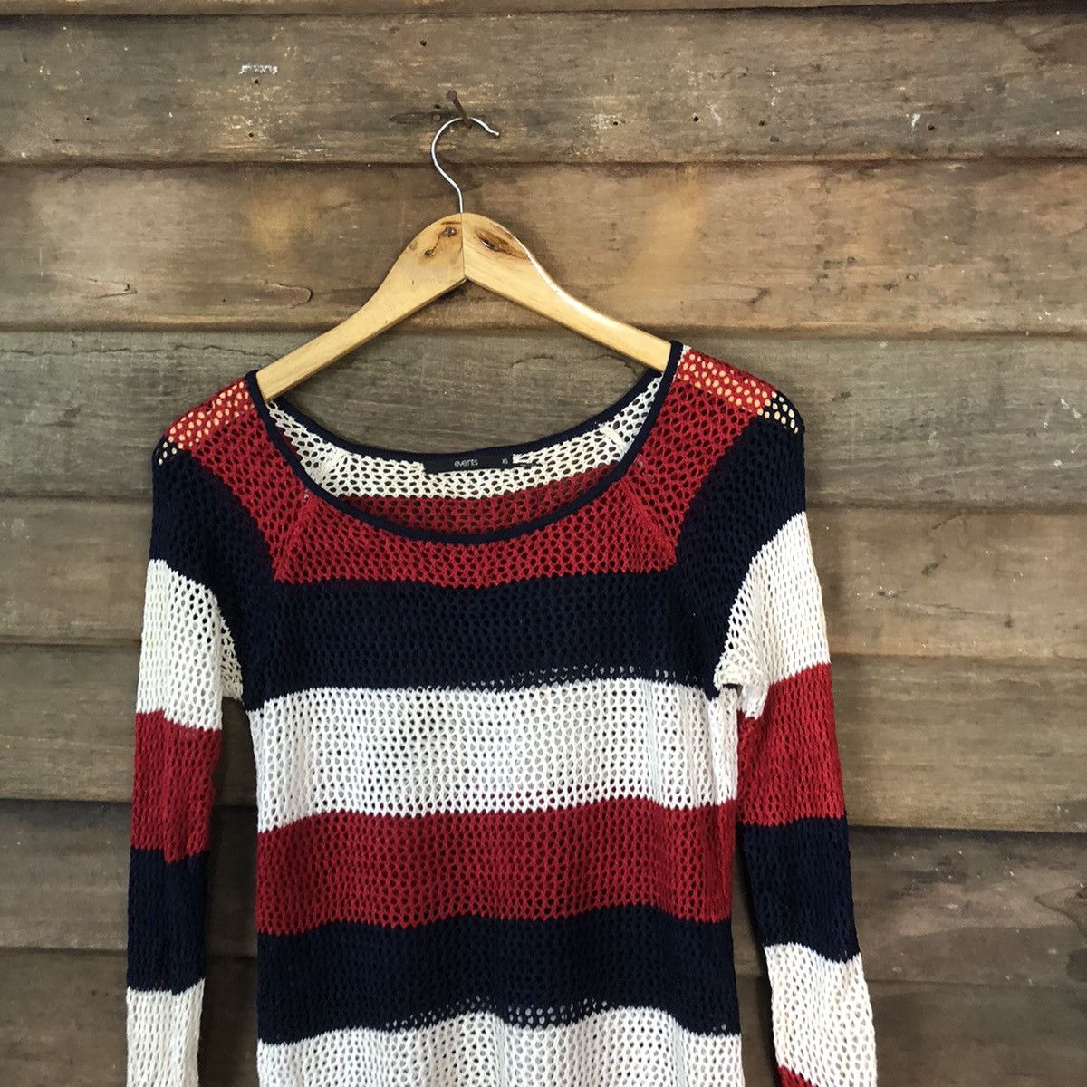 Homespun Knitwear Event Mesh Net Crochet Stripe Red Cardigan Knitwear #7128 Size XS / US 0-2 / IT 36-38 - 2 Thumbnail