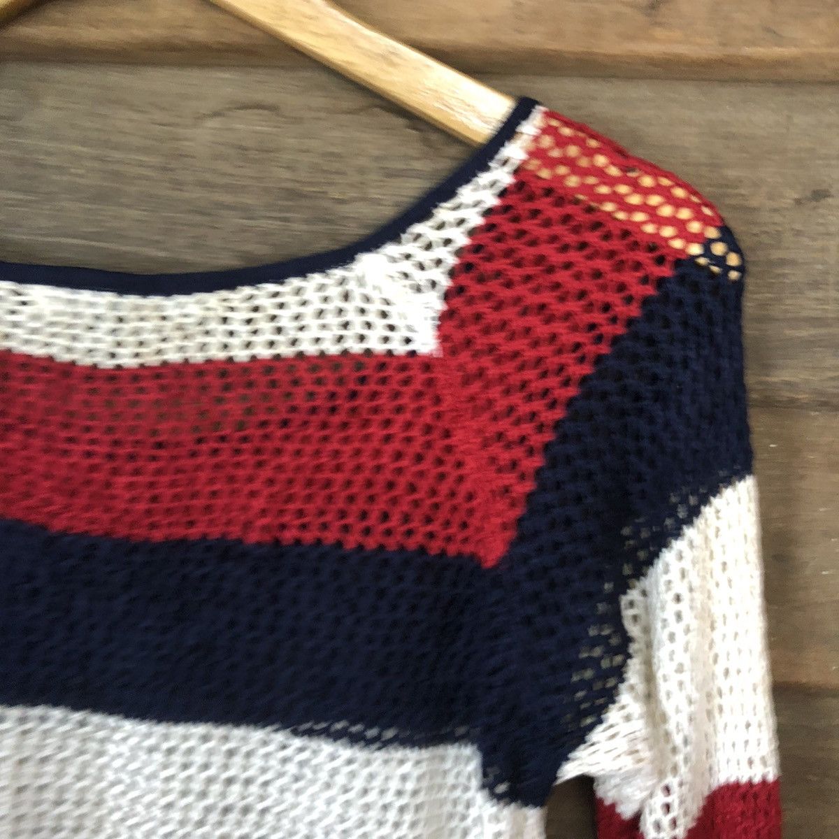 Homespun Knitwear Event Mesh Net Crochet Stripe Red Cardigan Knitwear #7128 Size XS / US 0-2 / IT 36-38 - 13 Thumbnail