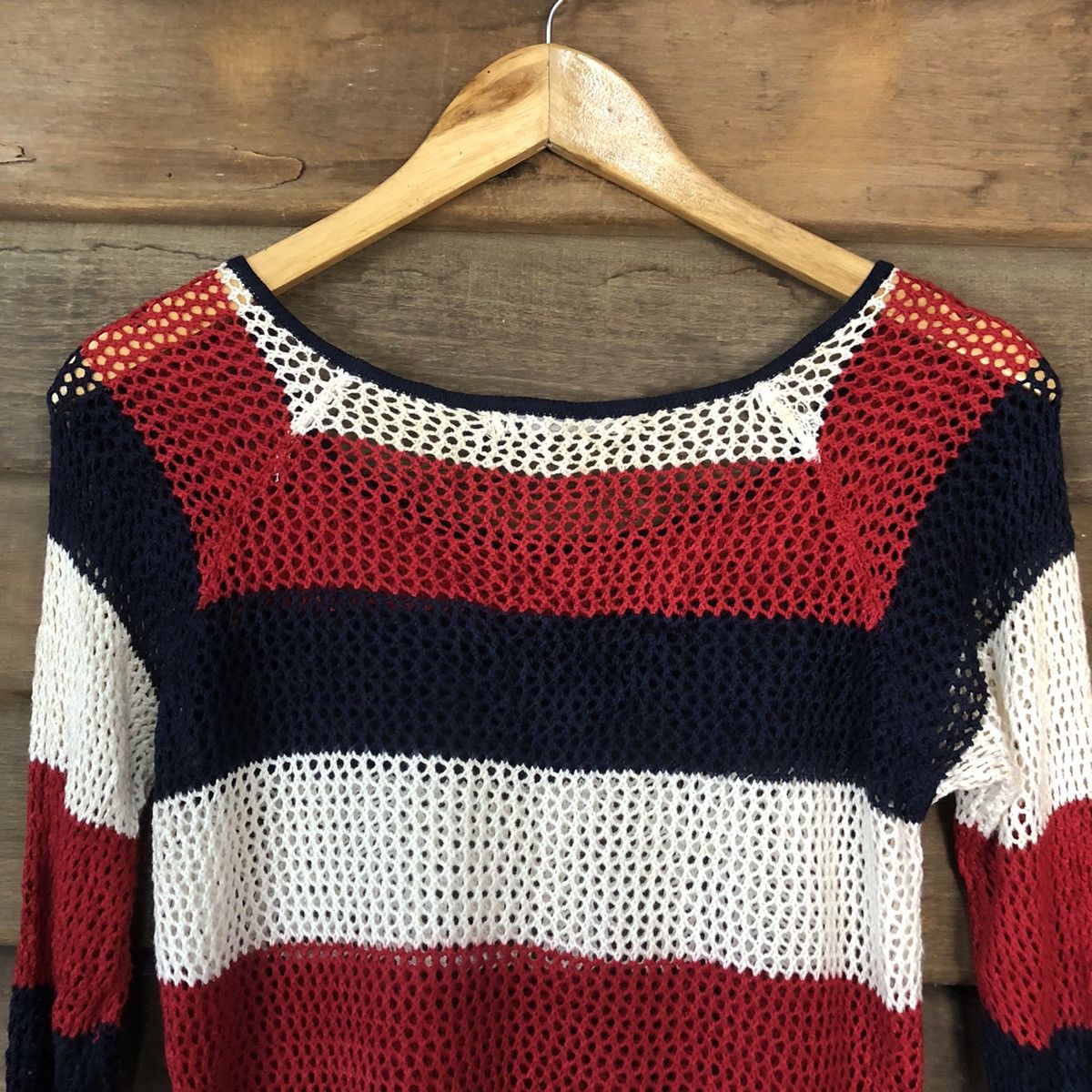 Homespun Knitwear Event Mesh Net Crochet Stripe Red Cardigan Knitwear #7128 Size XS / US 0-2 / IT 36-38 - 15 Thumbnail
