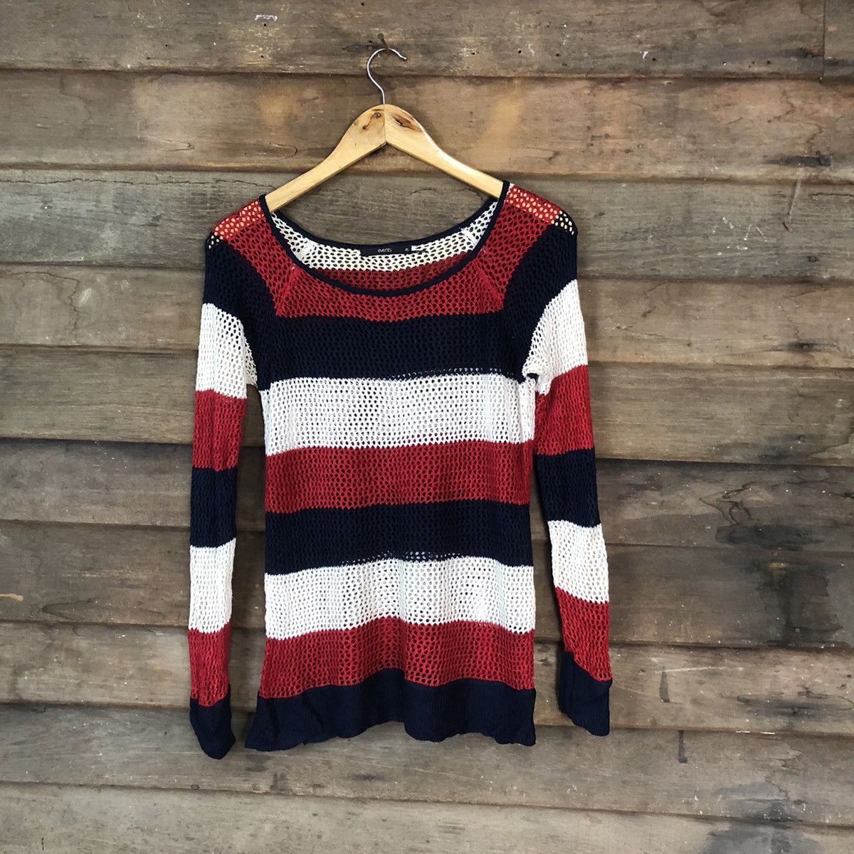 Homespun Knitwear Event Mesh Net Crochet Stripe Red Cardigan Knitwear #7128 Size XS / US 0-2 / IT 36-38 - 1 Thumbnail