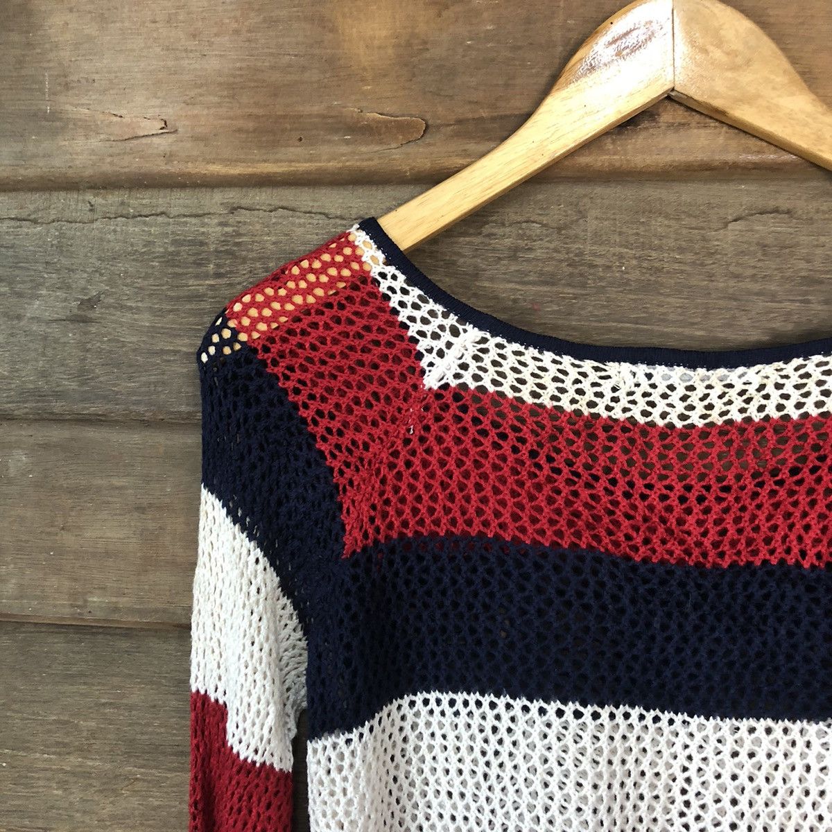 Homespun Knitwear Event Mesh Net Crochet Stripe Red Cardigan Knitwear #7128 Size XS / US 0-2 / IT 36-38 - 14 Thumbnail