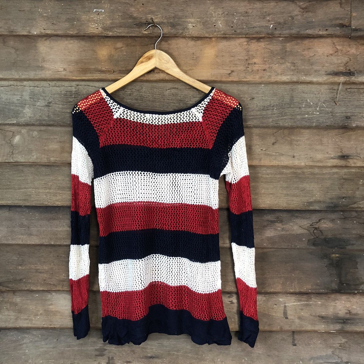 Homespun Knitwear Event Mesh Net Crochet Stripe Red Cardigan Knitwear #7128 Size XS / US 0-2 / IT 36-38 - 12 Thumbnail