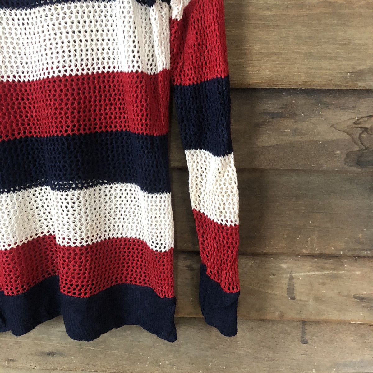 Homespun Knitwear Event Mesh Net Crochet Stripe Red Cardigan Knitwear #7128 Size XS / US 0-2 / IT 36-38 - 5 Thumbnail