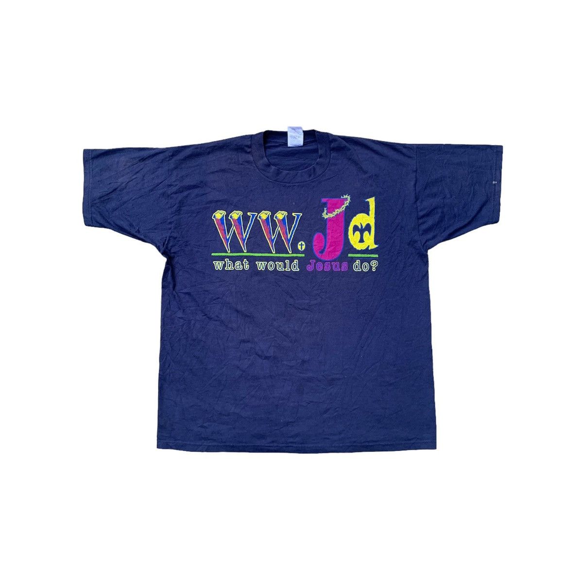 image of 1990X Clothing x Vintage Jesus Tee What Would Jesus Do ? in Navy Blue, Men's (Size XL)